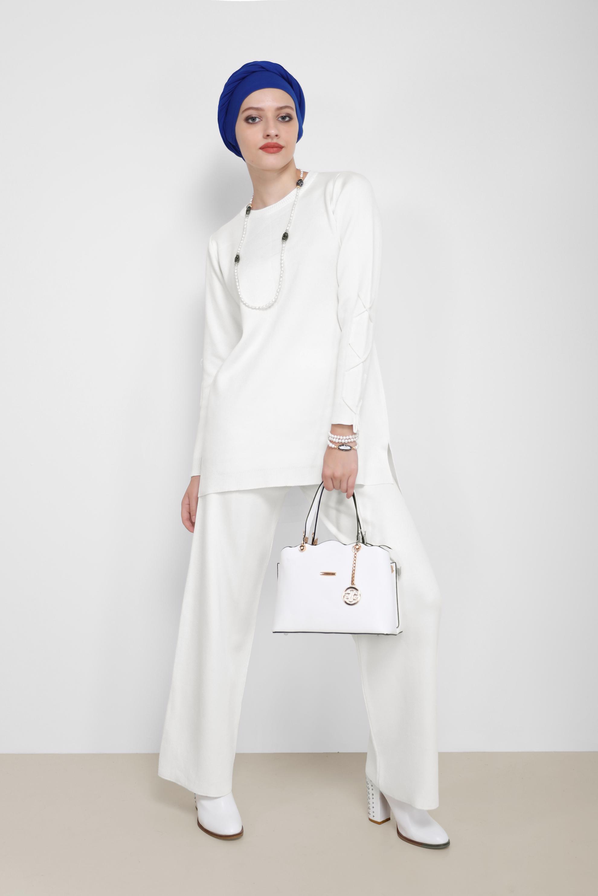 Hijab clothing WHITE TIE DETAIL 2-PIECE KNITWEAR SUIT WITH PANTS 42032 