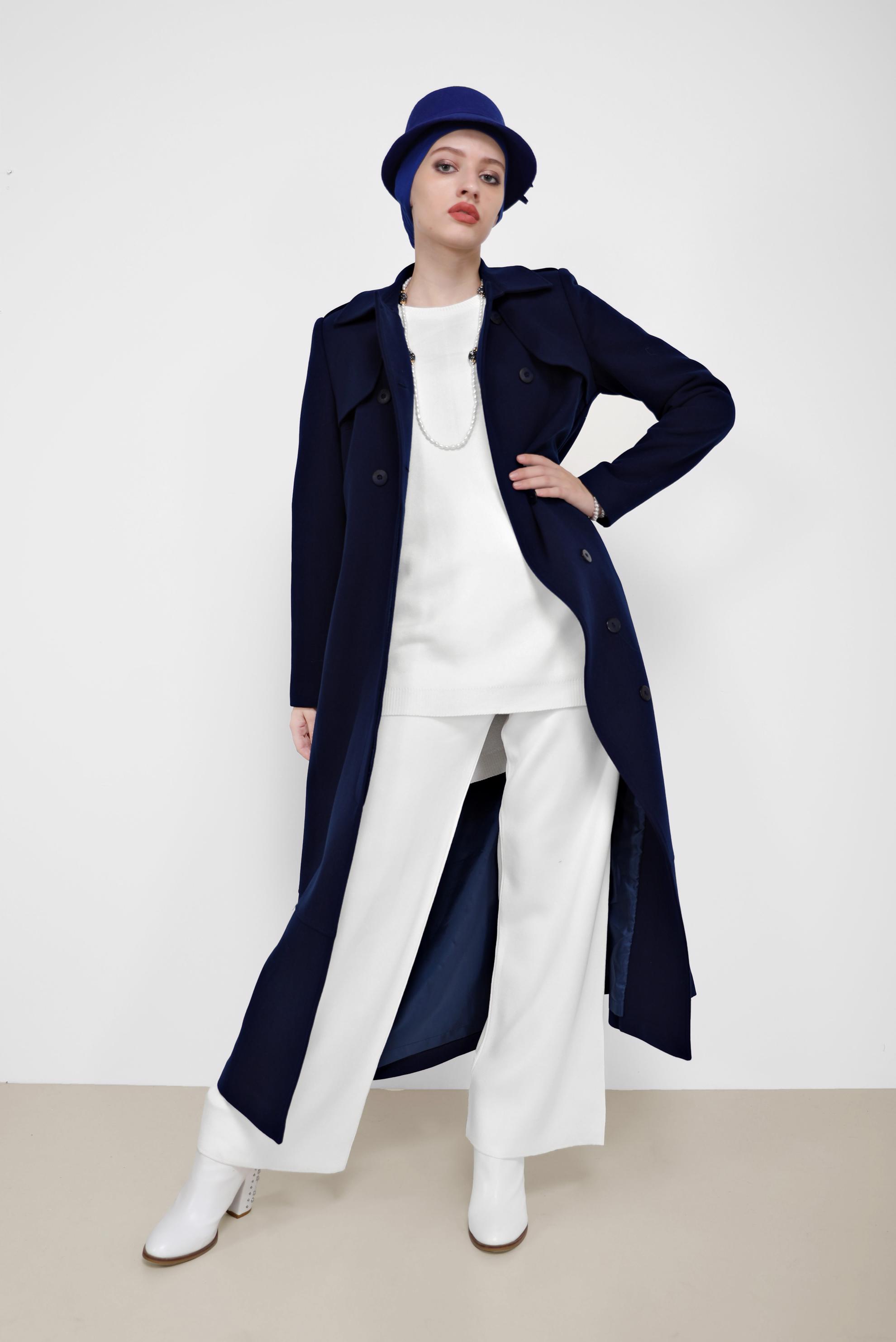 Hijab clothing WHITE TIE DETAIL 2-PIECE KNITWEAR SUIT WITH PANTS 42032 