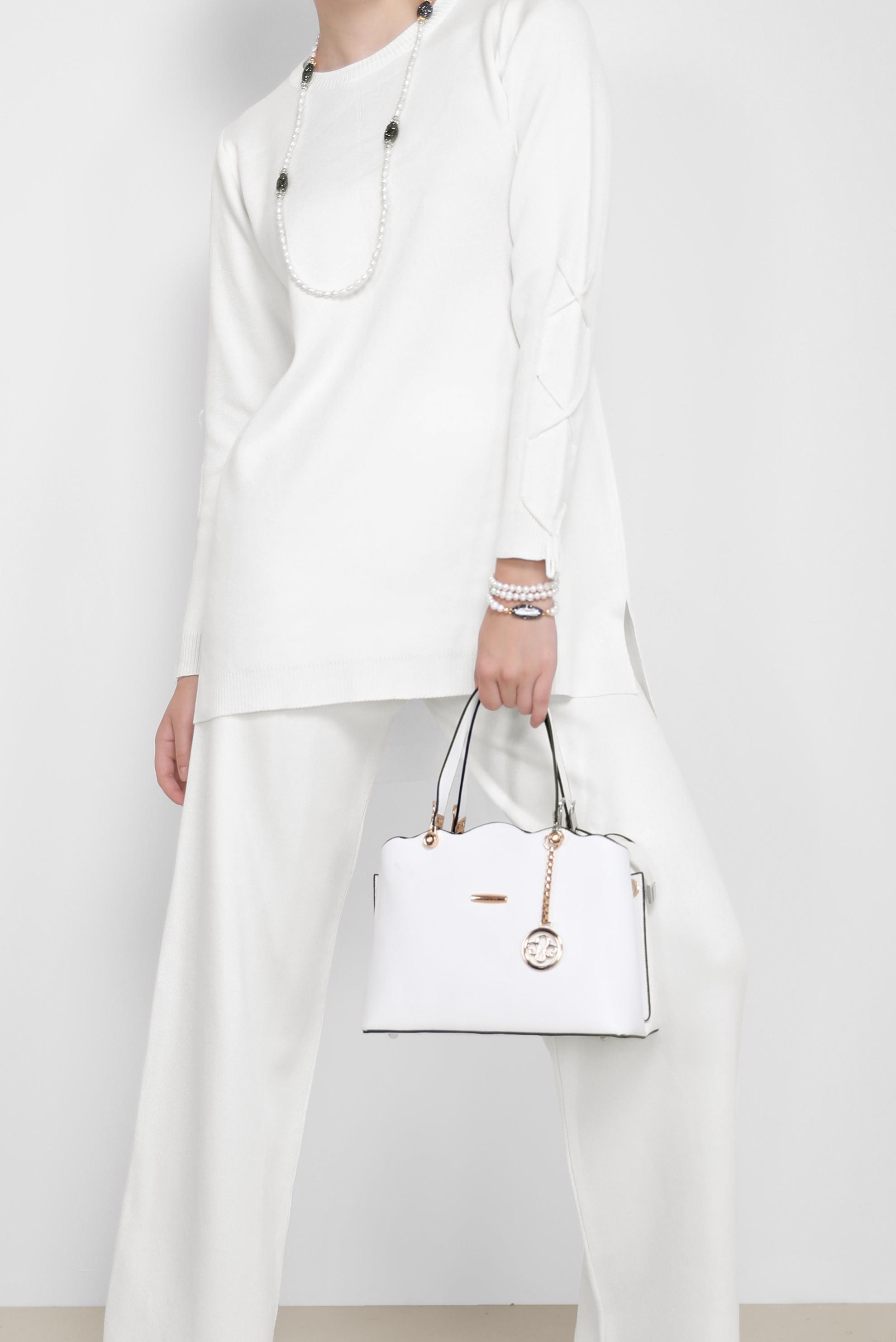 Hijab clothing WHITE TIE DETAIL 2-PIECE KNITWEAR SUIT WITH PANTS 42032 