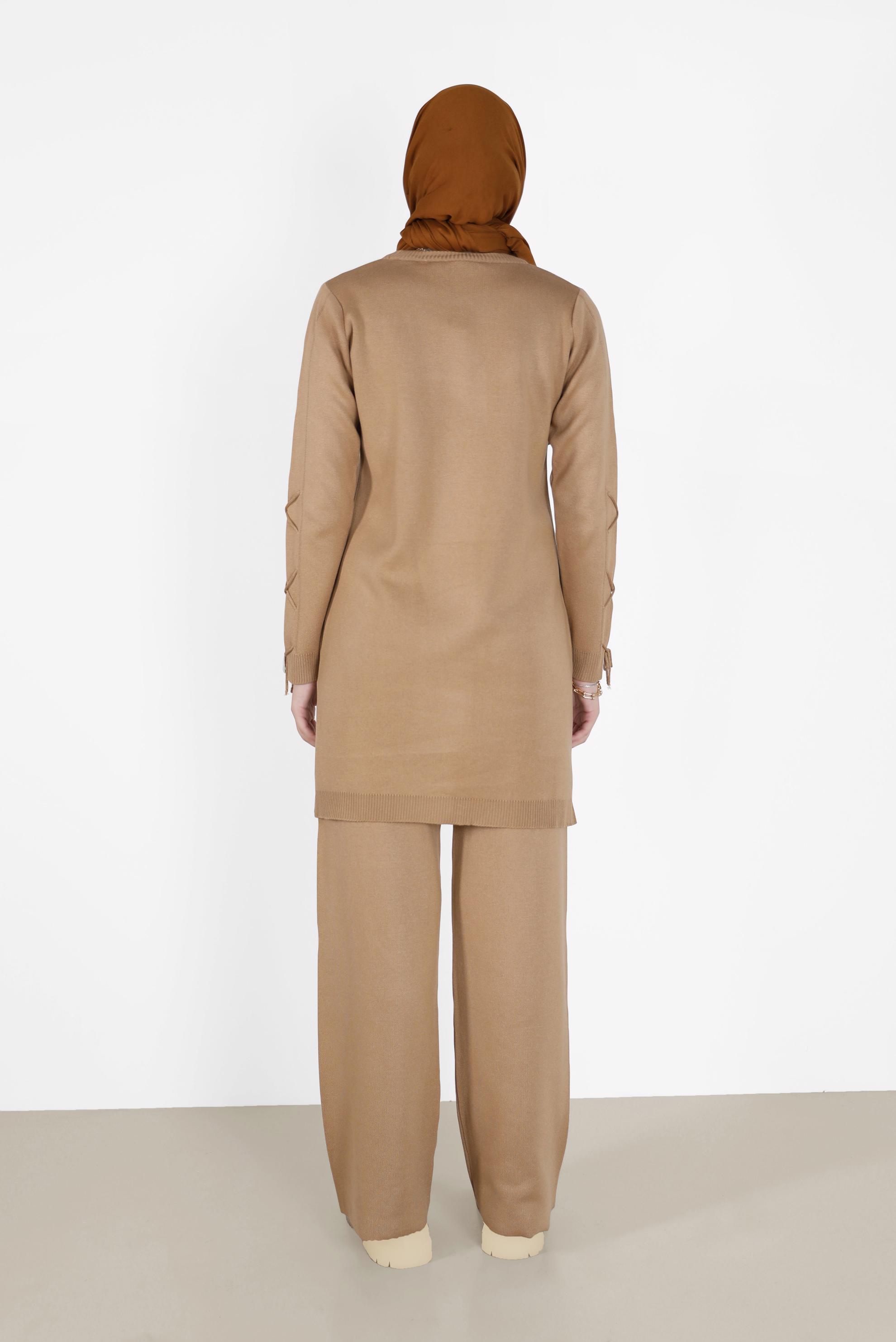 Tesettür giyim KAHVE KOLLARI BAĞCIKLI İKİLİ PANT.TRİKO TAKIM 42032 