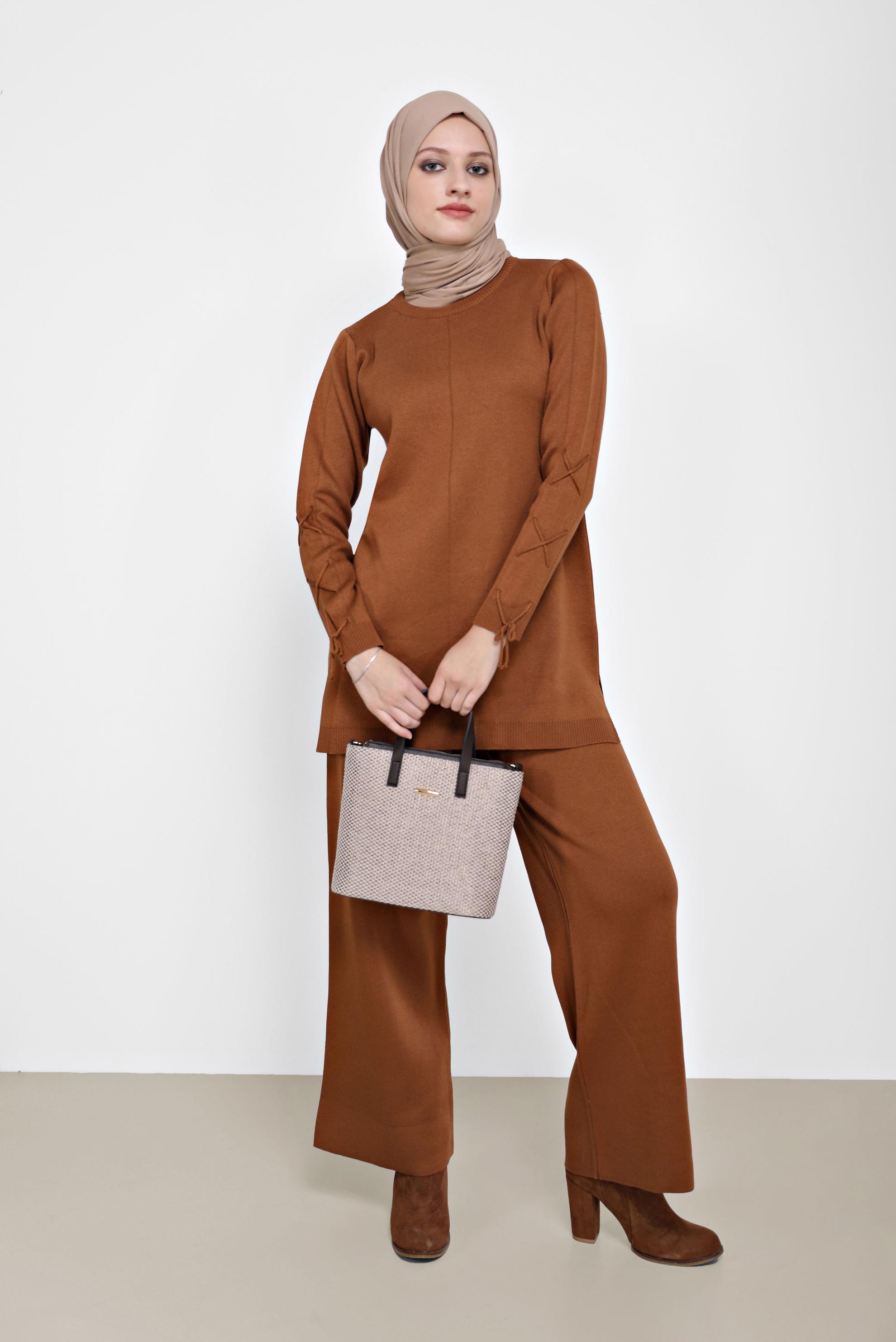 Hijab clothing TABA TIE DETAIL 2-PIECE KNITWEAR SUIT WITH PANTS 42032 