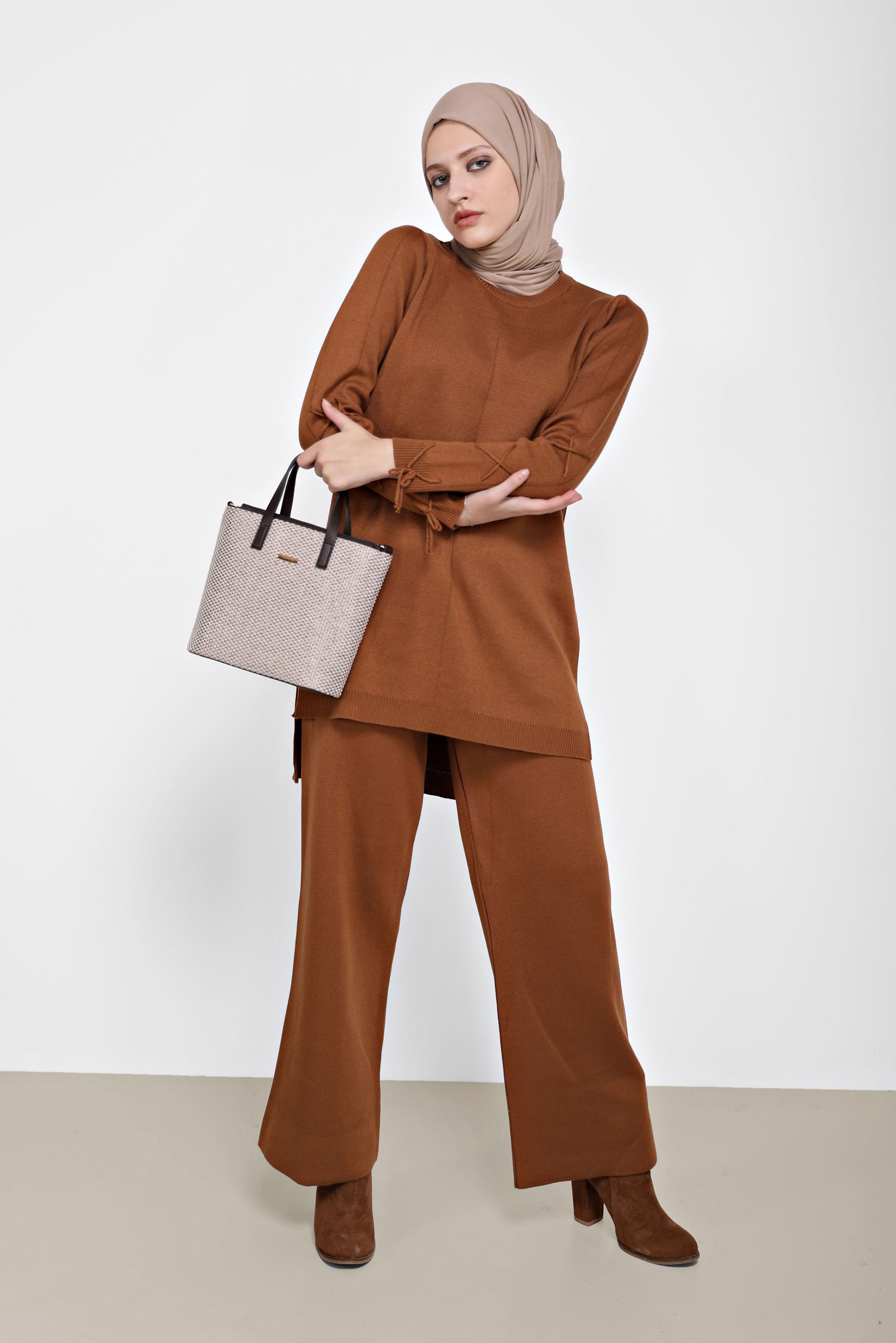 Hijab clothing TABA TIE DETAIL 2-PIECE KNITWEAR SUIT WITH PANTS 42032 