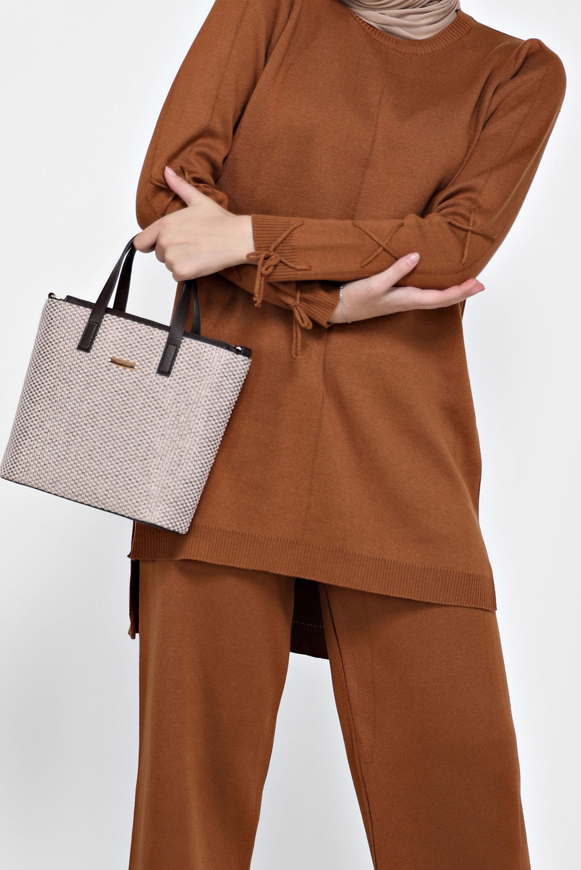 Hijab clothing TABA TIE DETAIL 2-PIECE KNITWEAR SUIT WITH PANTS 42032 