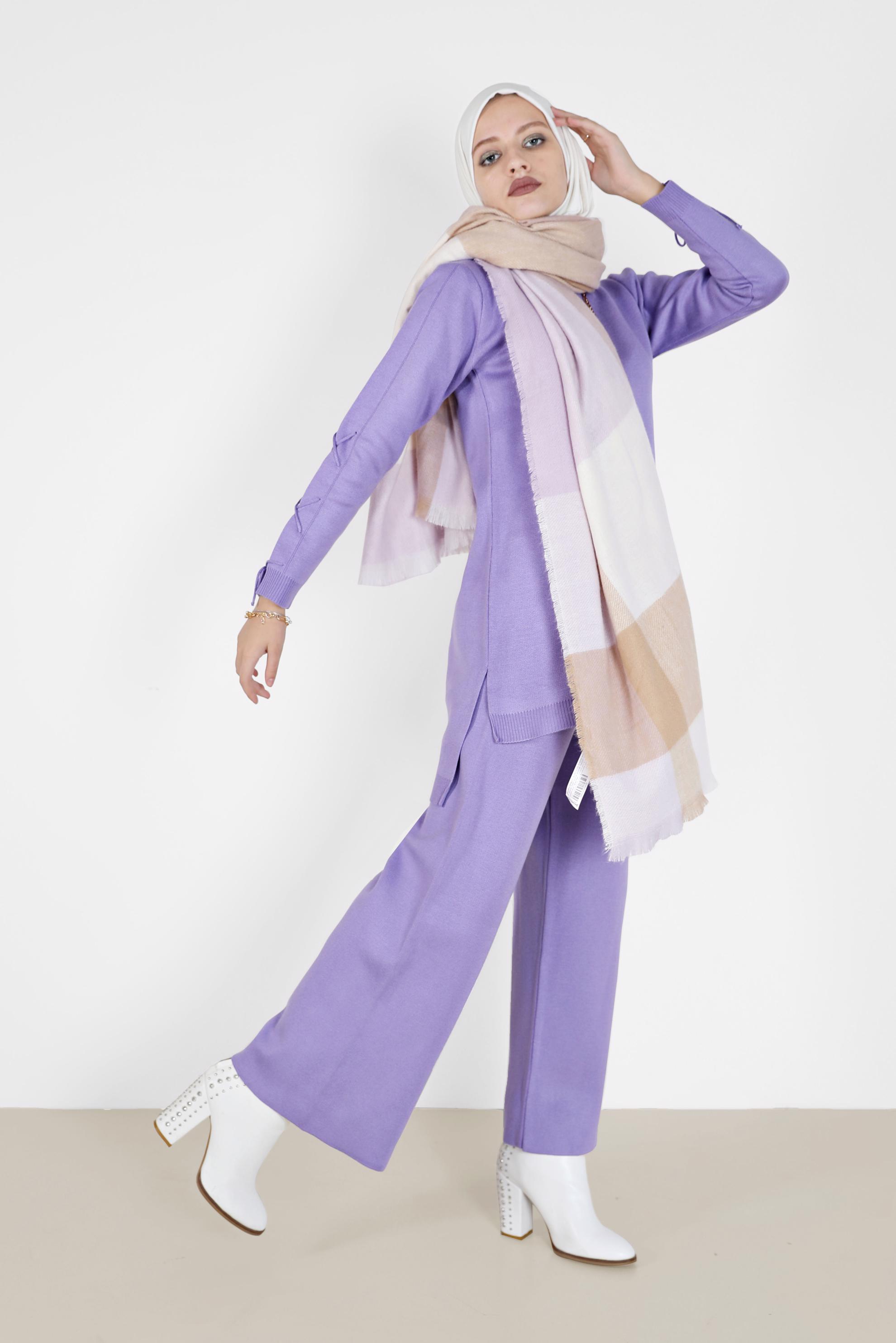 Tesettür giyim MOR KOLLARI BAĞCIKLI İKİLİ PANT.TRİKO TAKIM 42032 