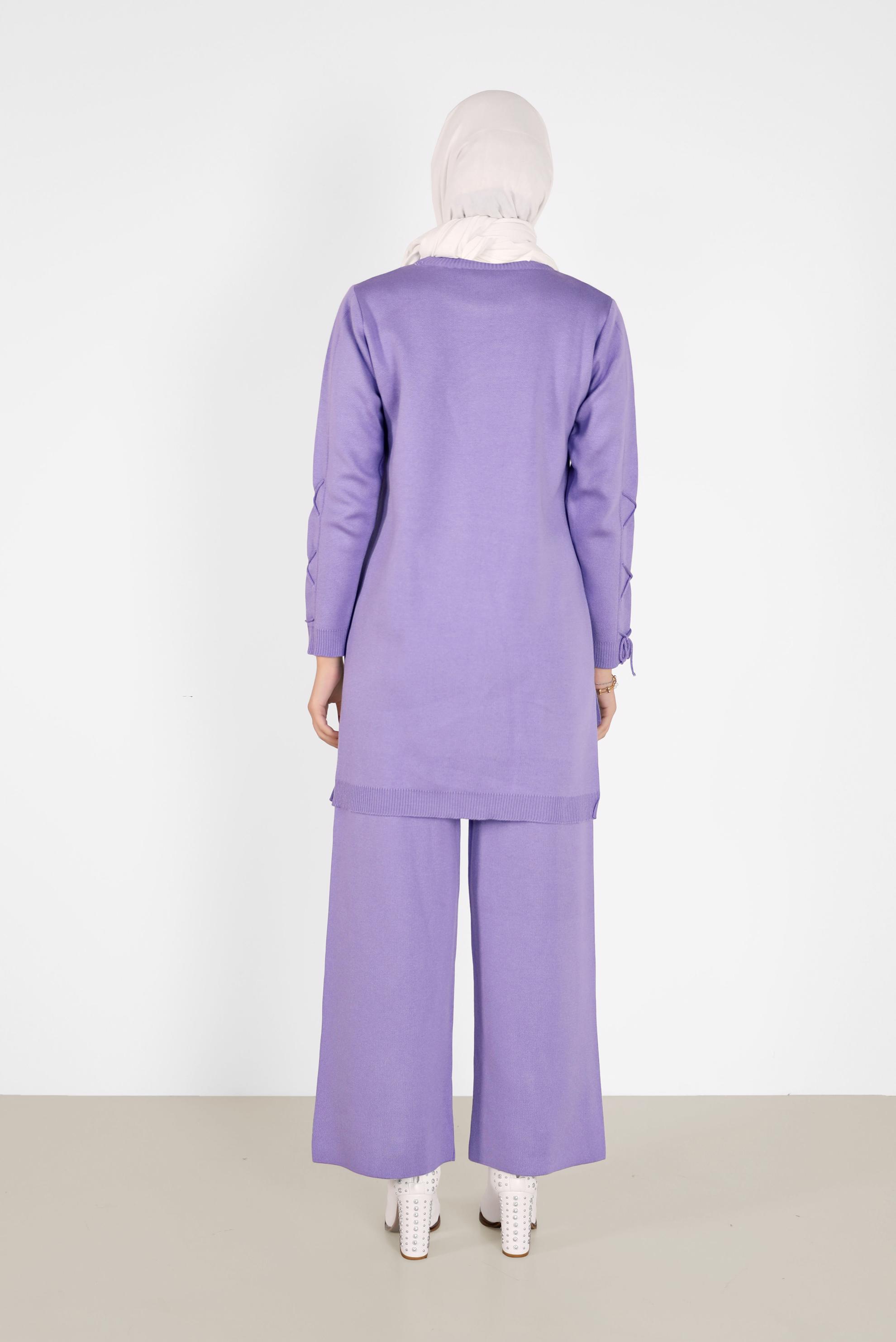 Tesettür giyim MOR KOLLARI BAĞCIKLI İKİLİ PANT.TRİKO TAKIM 42032 