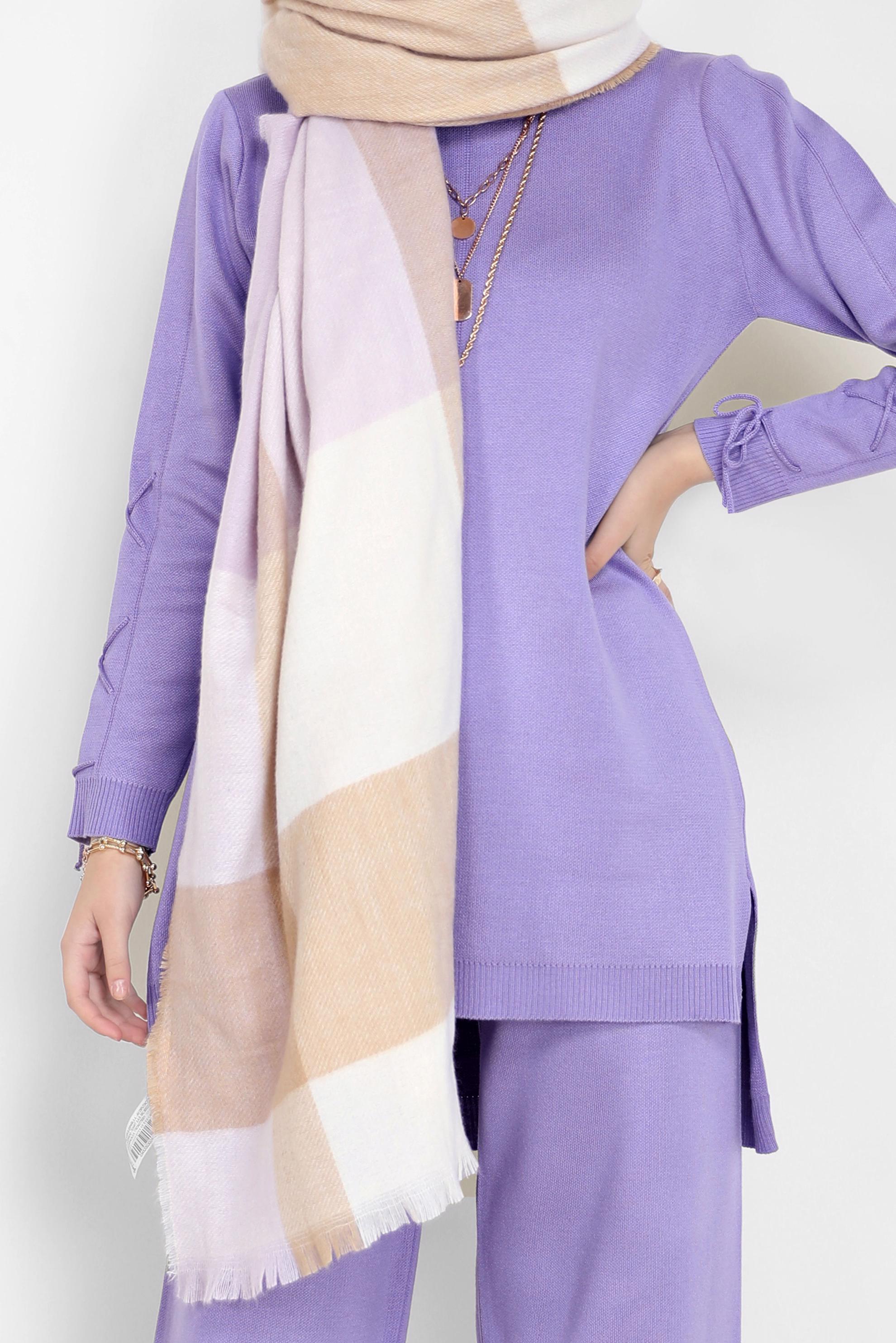 Tesettür giyim MOR KOLLARI BAĞCIKLI İKİLİ PANT.TRİKO TAKIM 42032 