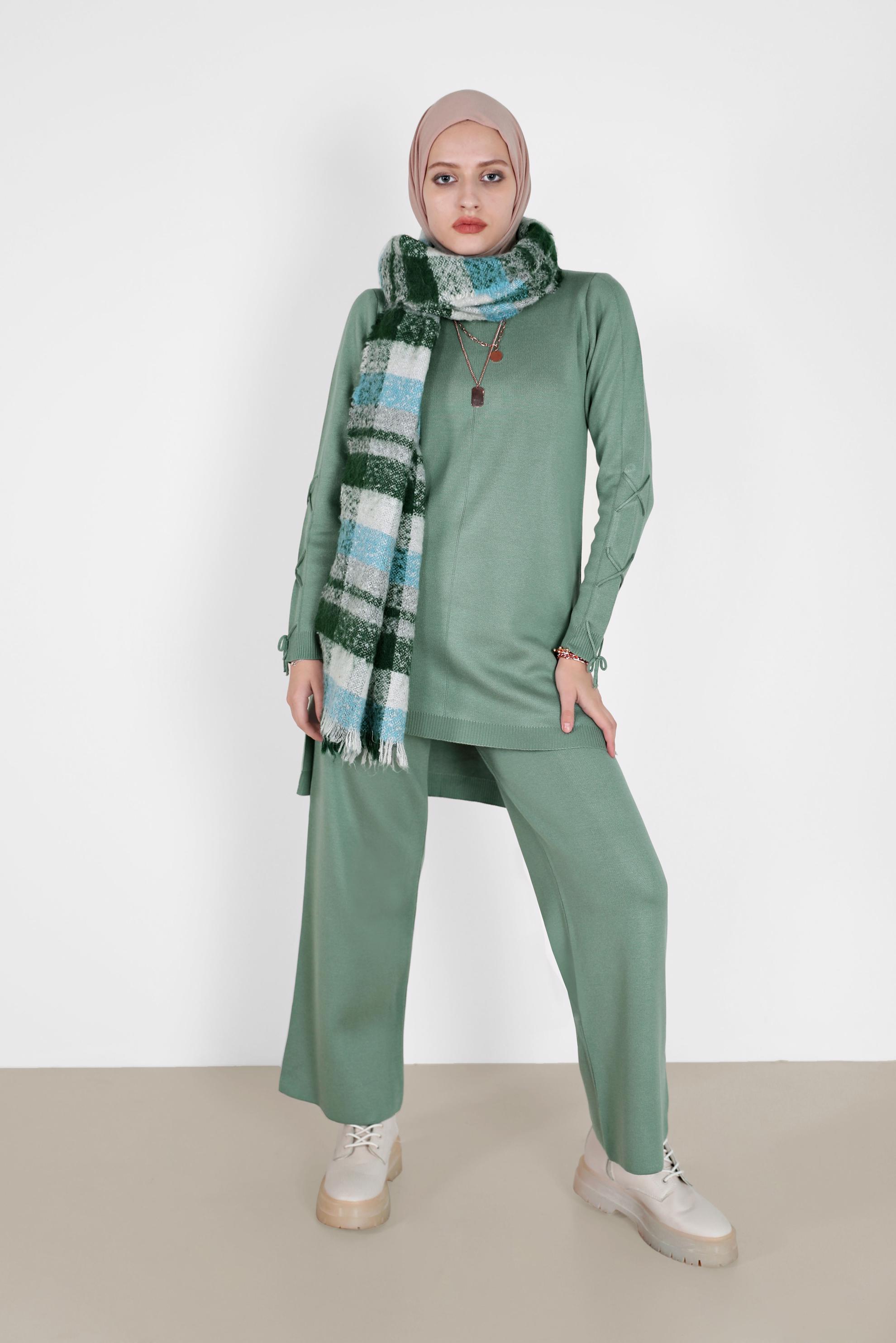 Tesettür giyim YEŞİL KOLLARI BAĞCIKLI İKİLİ PANT.TRİKO TAKIM 42032 