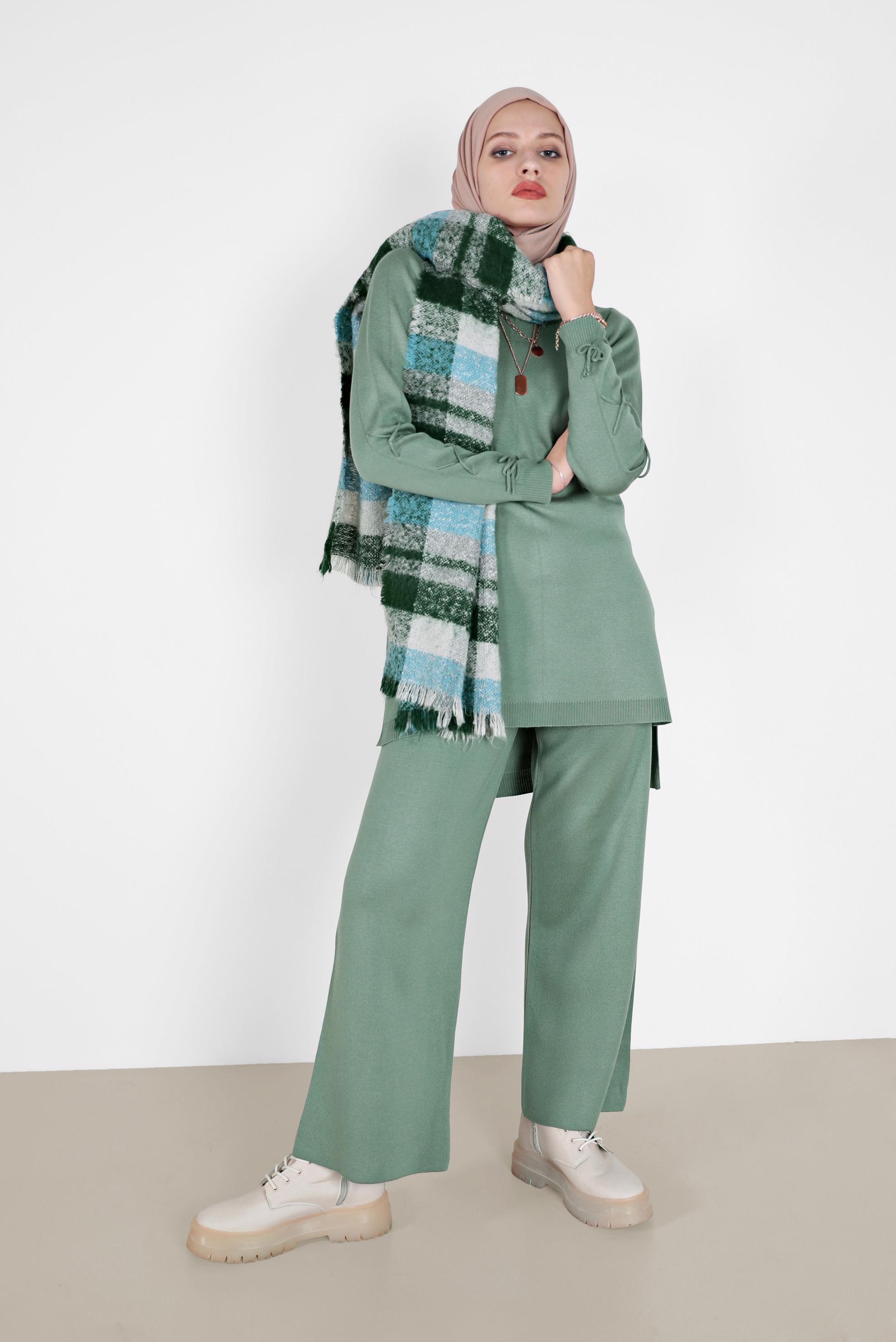 Tesettür giyim YEŞİL KOLLARI BAĞCIKLI İKİLİ PANT.TRİKO TAKIM 42032 