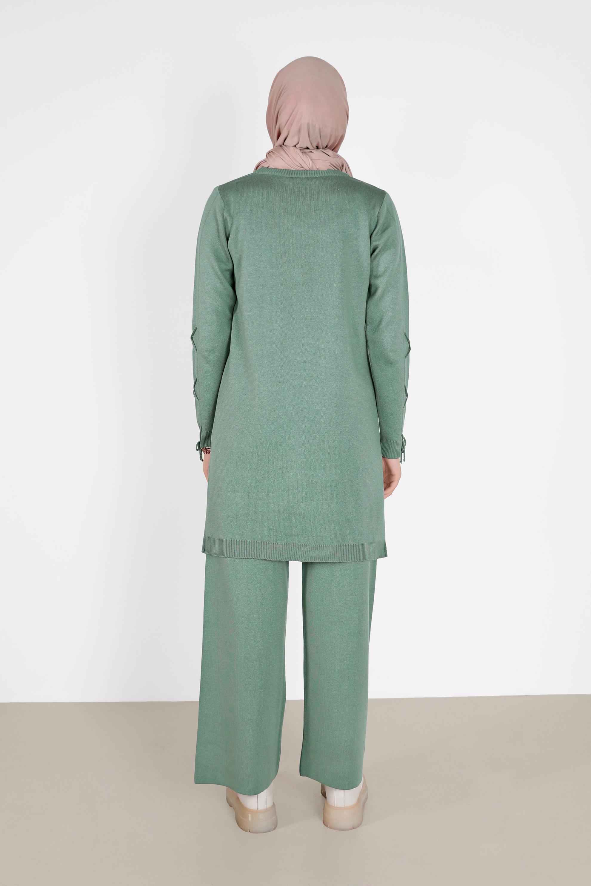 Tesettür giyim YEŞİL KOLLARI BAĞCIKLI İKİLİ PANT.TRİKO TAKIM 42032 
