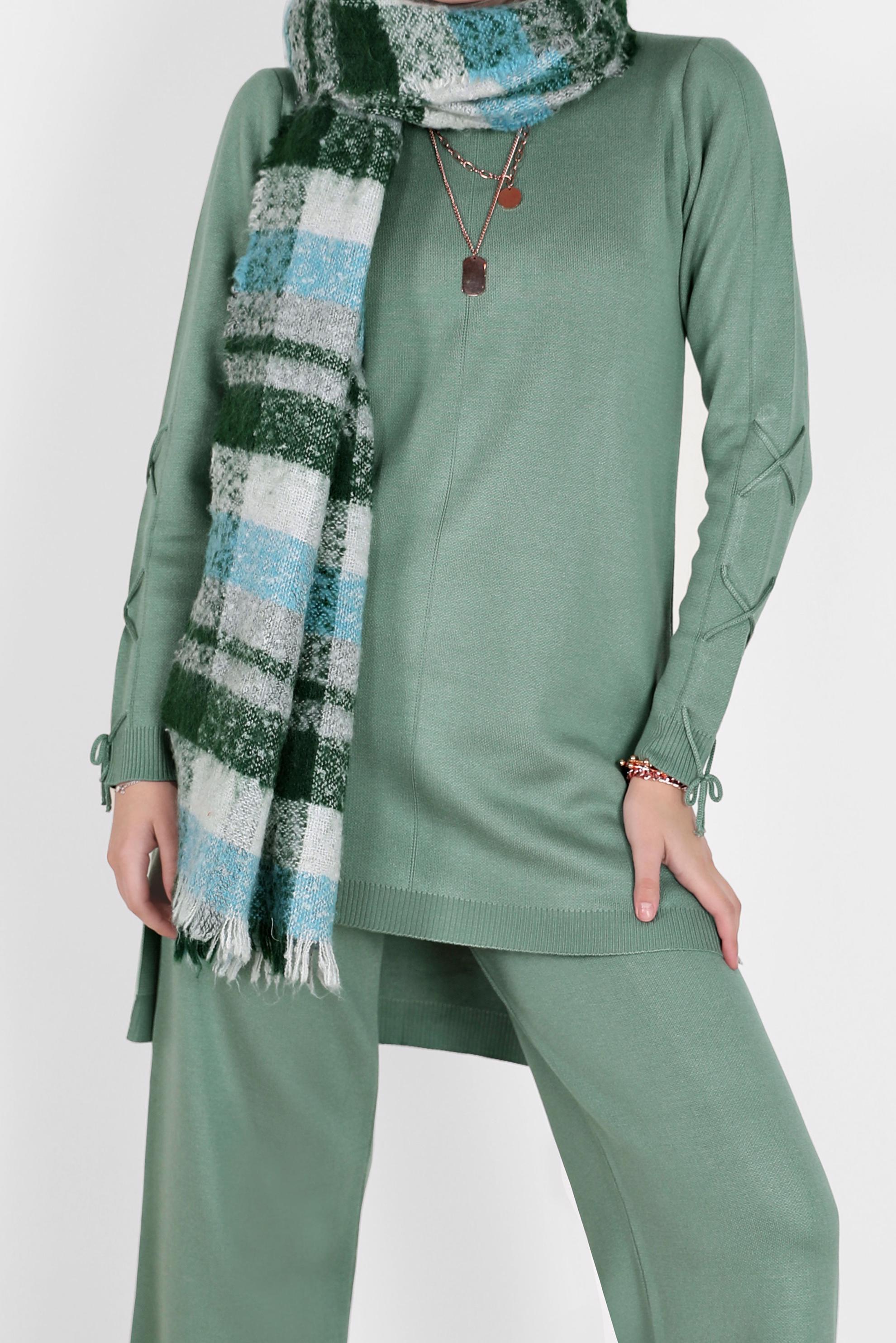 Tesettür giyim YEŞİL KOLLARI BAĞCIKLI İKİLİ PANT.TRİKO TAKIM 42032 