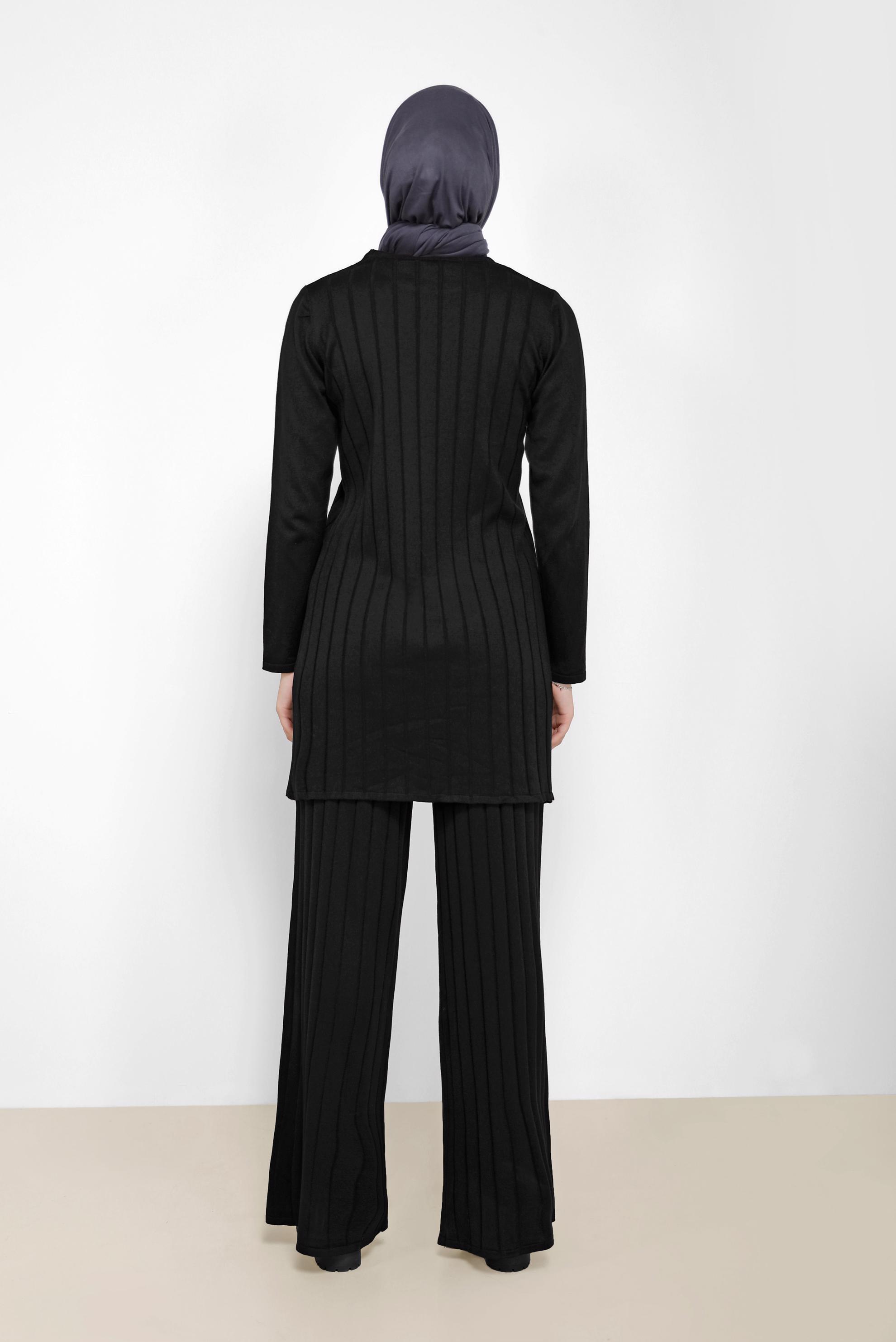 Tesettür giyim SİYAH KENDİNDEN DESENLİ BASIC İKİLİ PANT. TRİKO TAKIM 42081 