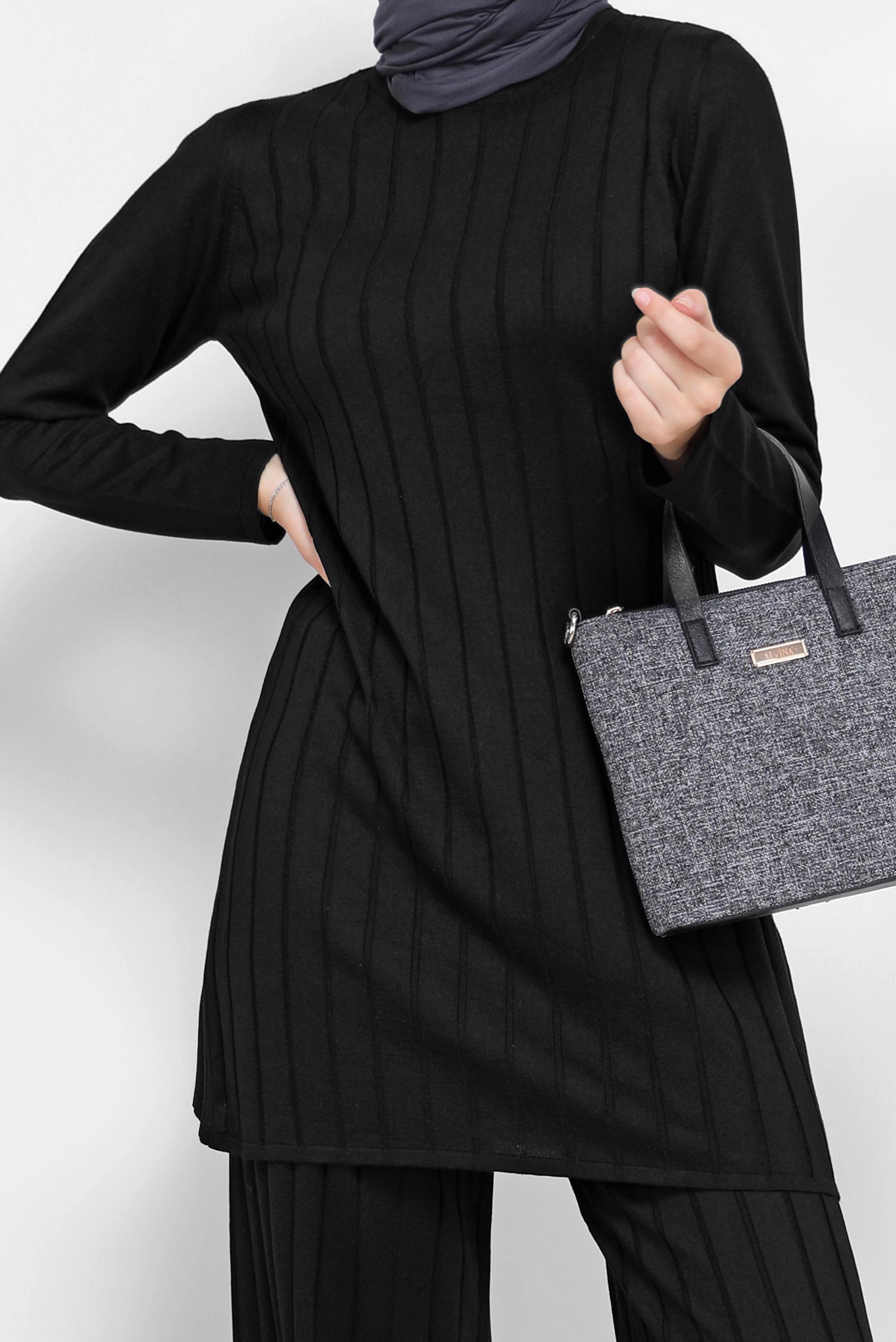 Tesettür giyim SİYAH KENDİNDEN DESENLİ BASIC İKİLİ PANT. TRİKO TAKIM 42081 