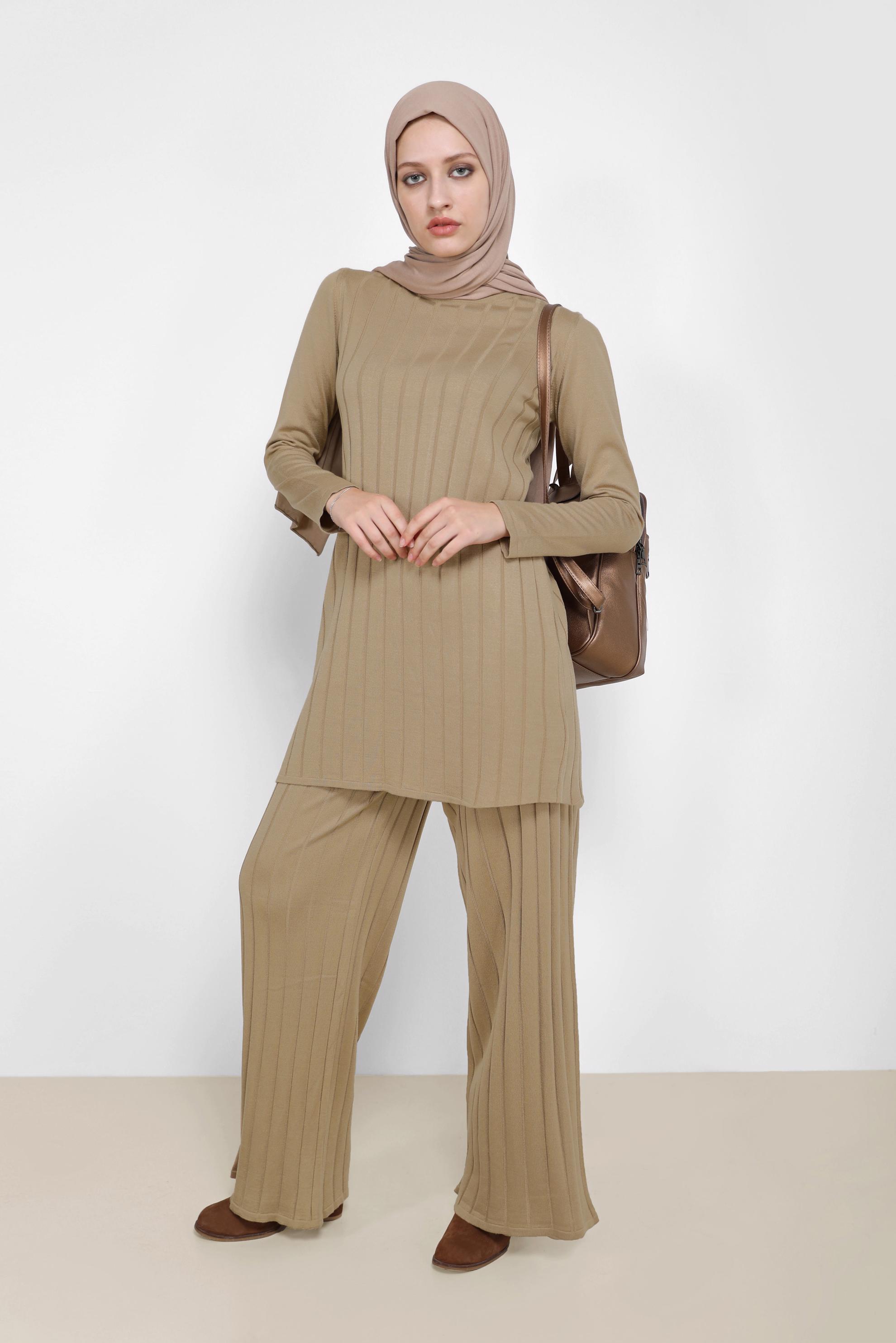 Tesettür giyim KAHVE KENDİNDEN DESENLİ BASIC İKİLİ PANT. TRİKO TAKIM 42081 