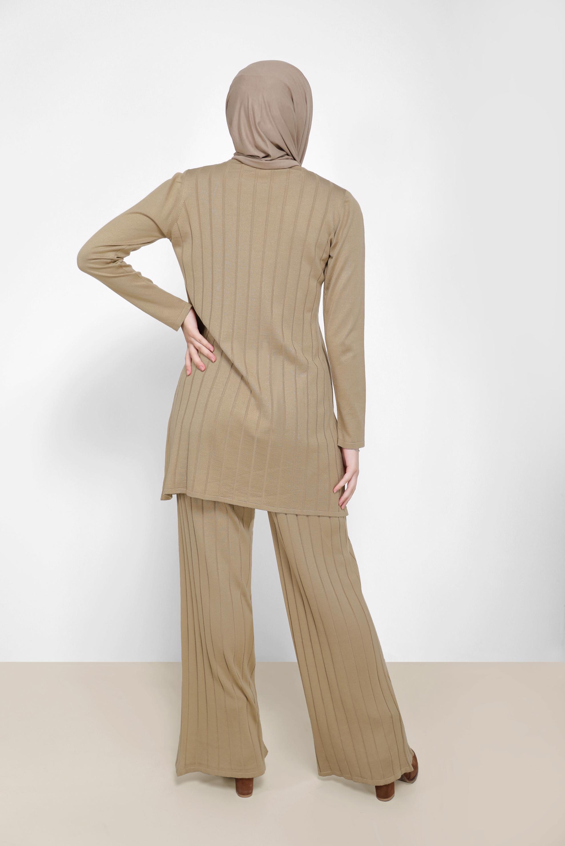 Tesettür giyim KAHVE KENDİNDEN DESENLİ BASIC İKİLİ PANT. TRİKO TAKIM 42081 