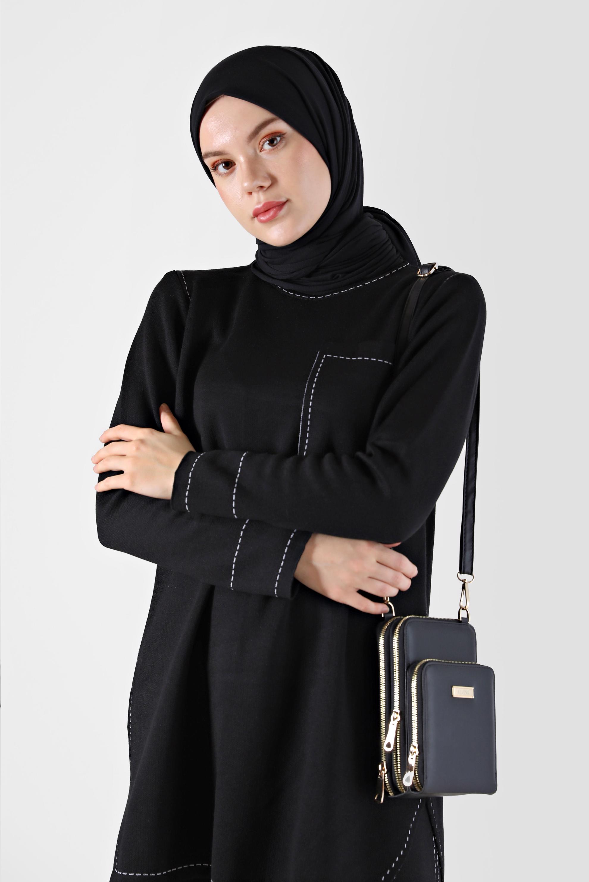 Tesettür giyim SİYAH DİKİŞ DETAYLI İKİLİ PANT. TRİKO TAKIM 42082 