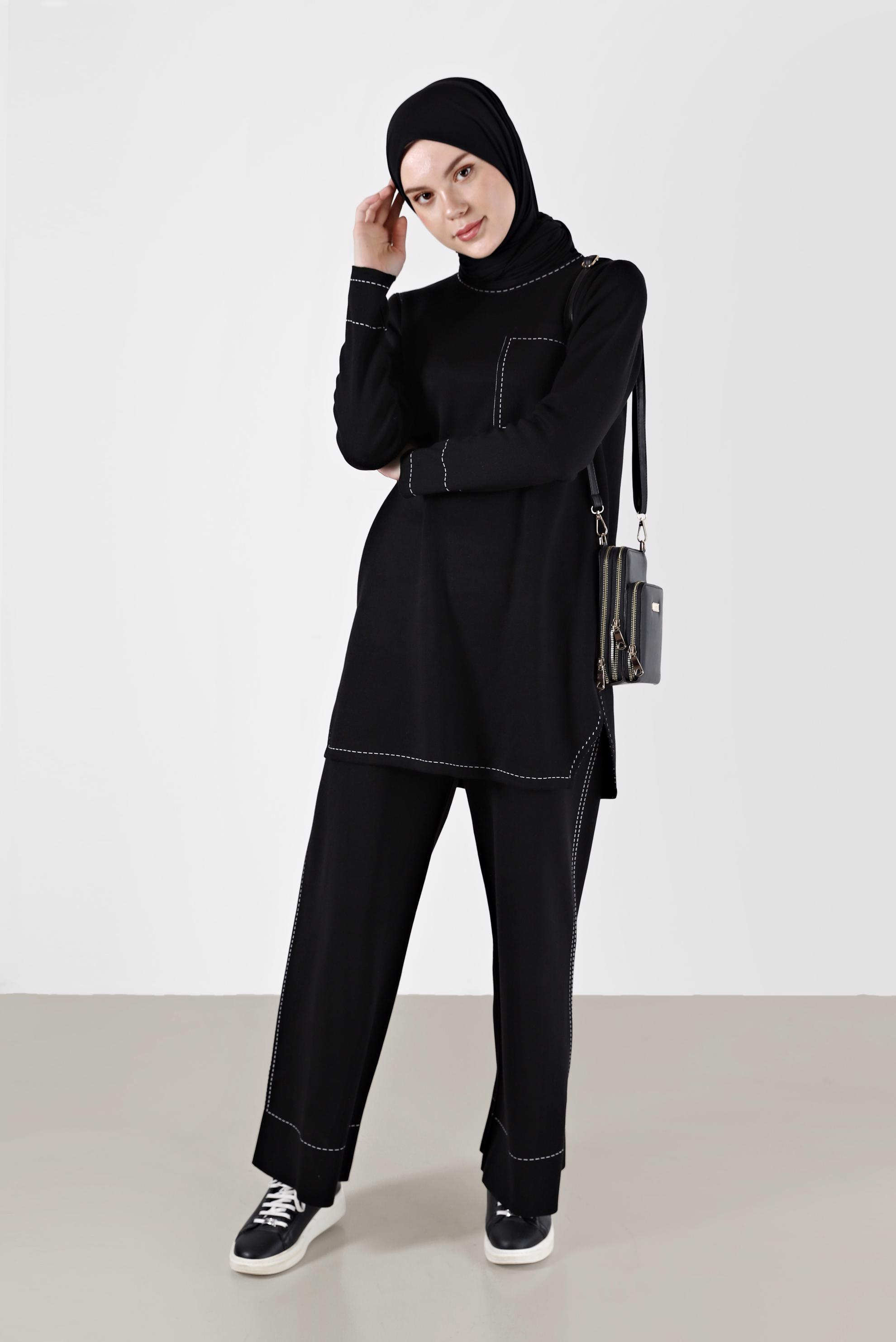 Tesettür giyim SİYAH DİKİŞ DETAYLI İKİLİ PANT. TRİKO TAKIM 42082 