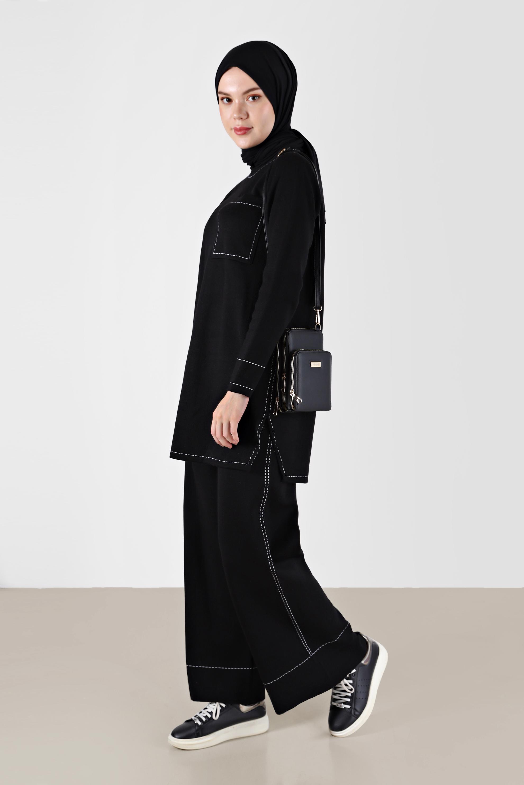 Tesettür giyim SİYAH DİKİŞ DETAYLI İKİLİ PANT. TRİKO TAKIM 42082 