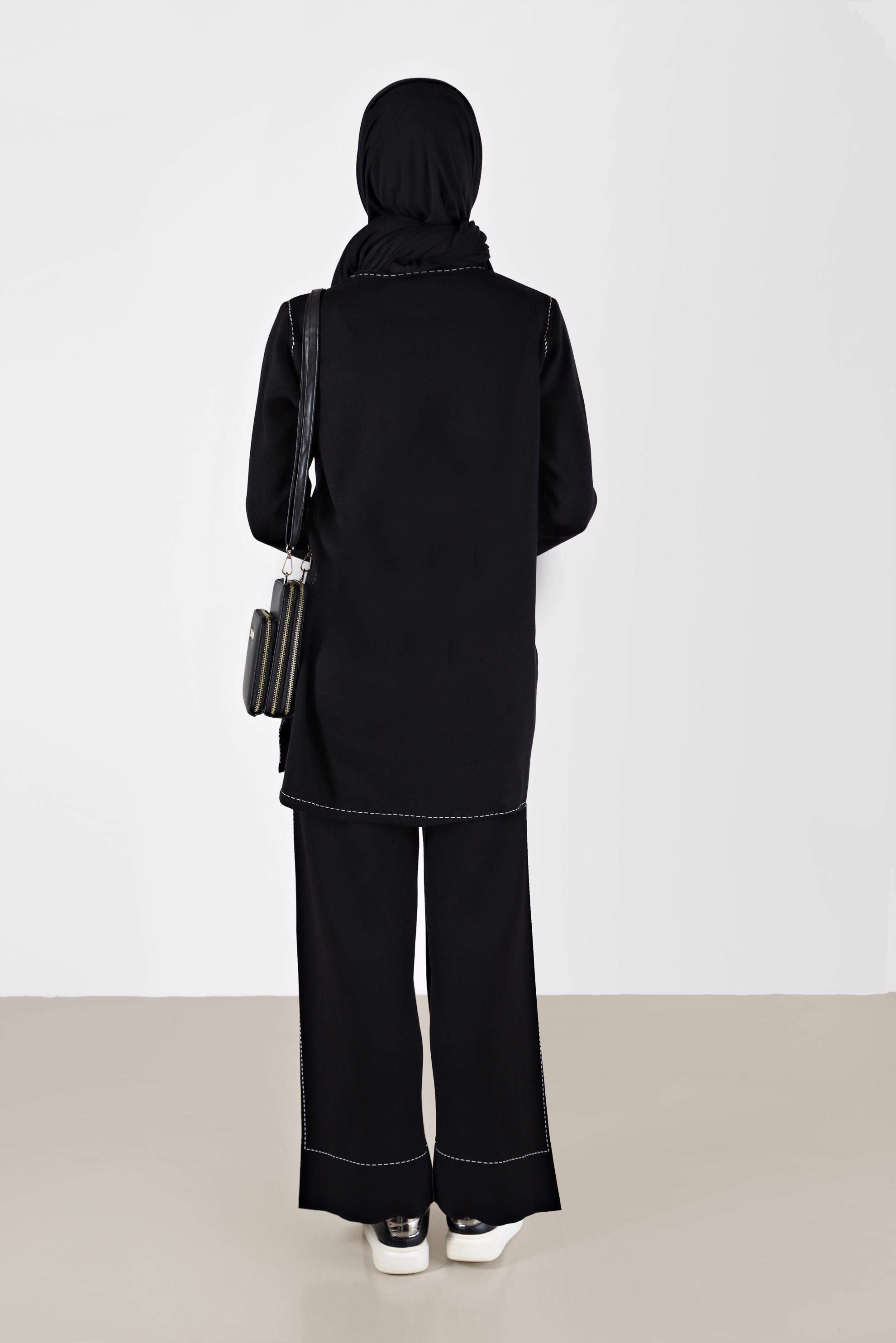 Tesettür giyim SİYAH DİKİŞ DETAYLI İKİLİ PANT. TRİKO TAKIM 42082 