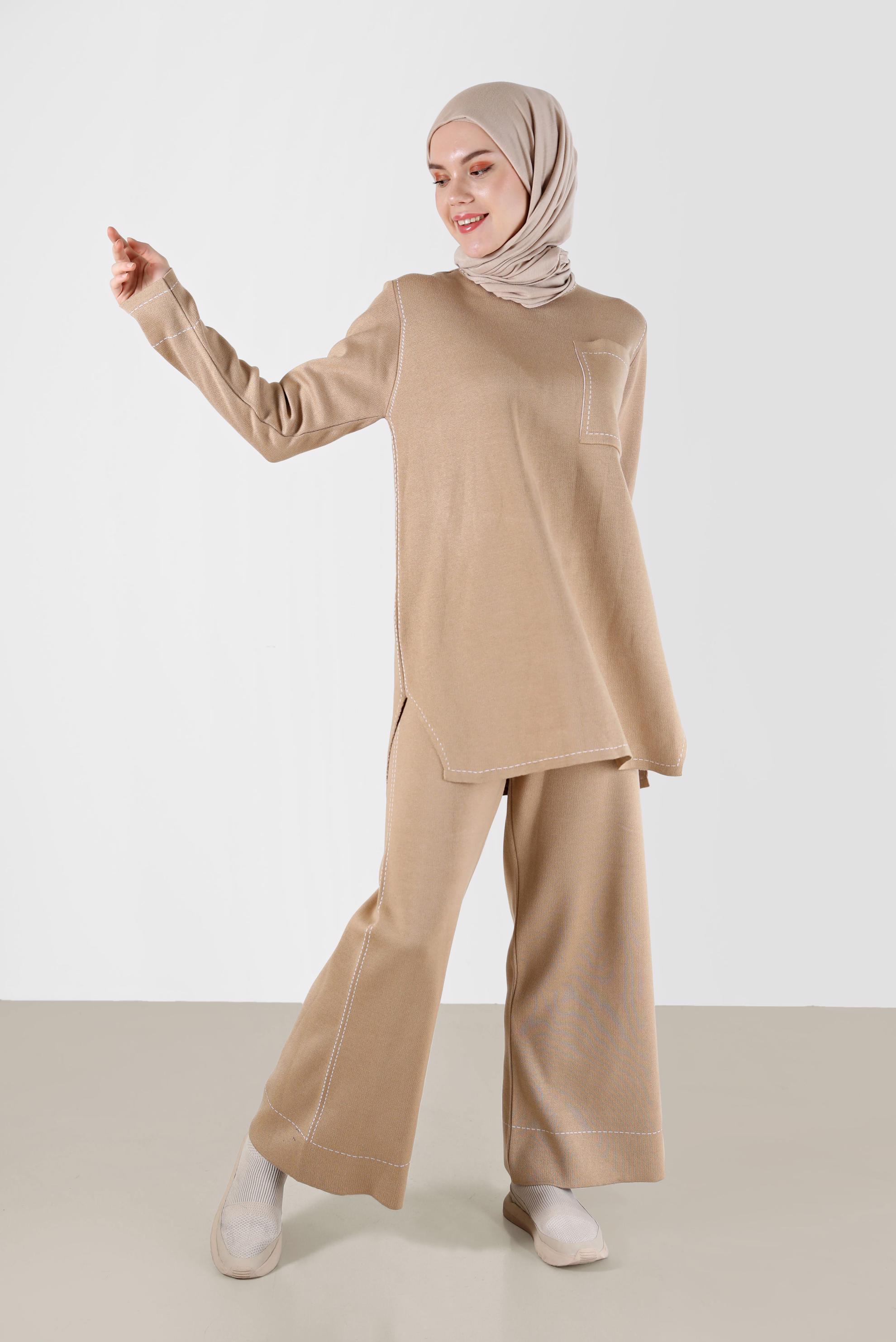 Tesettür giyim KAHVE DİKİŞ DETAYLI İKİLİ PANT. TRİKO TAKIM 42082 