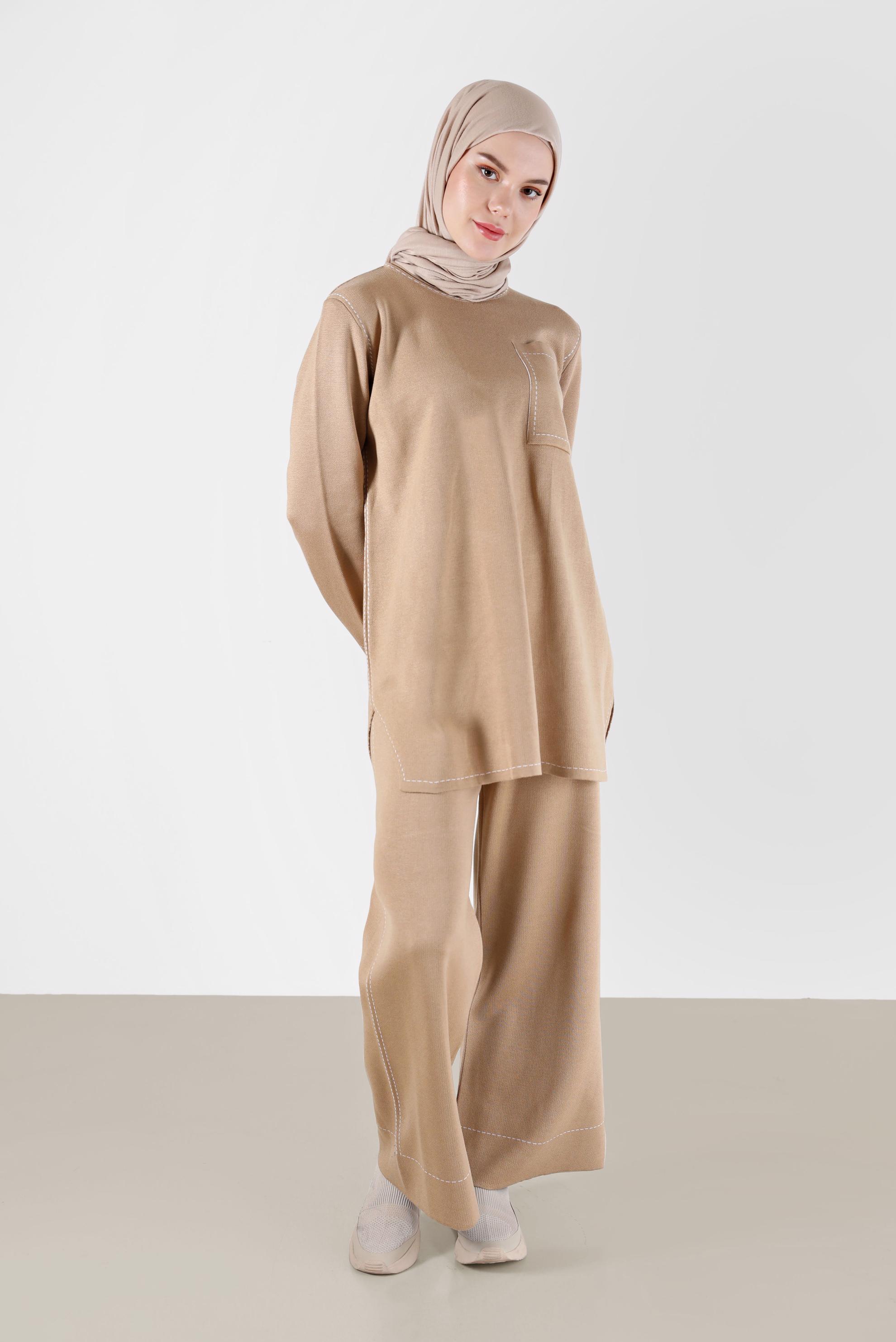 Tesettür giyim KAHVE DİKİŞ DETAYLI İKİLİ PANT. TRİKO TAKIM 42082 