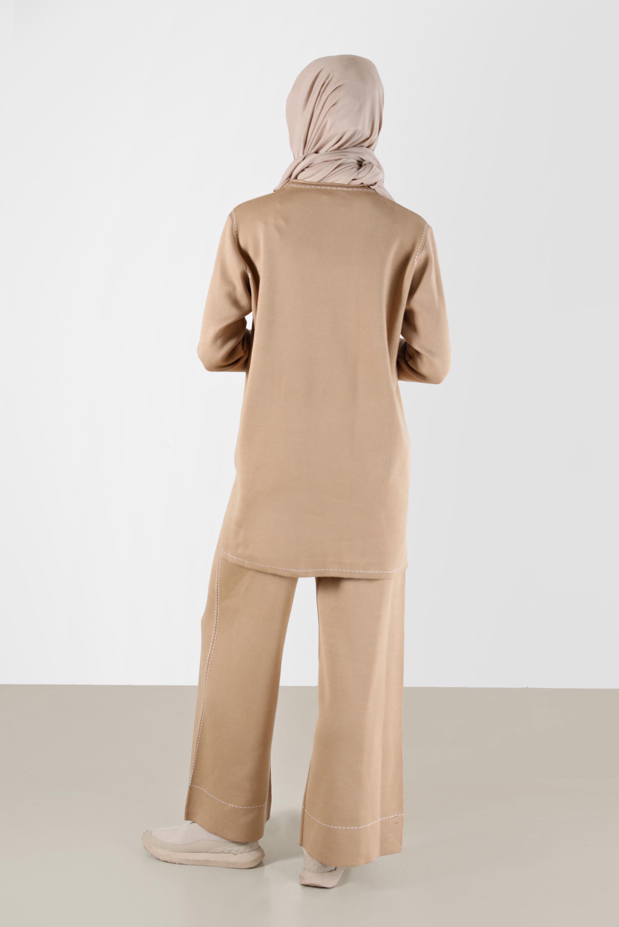 Tesettür giyim KAHVE DİKİŞ DETAYLI İKİLİ PANT. TRİKO TAKIM 42082 