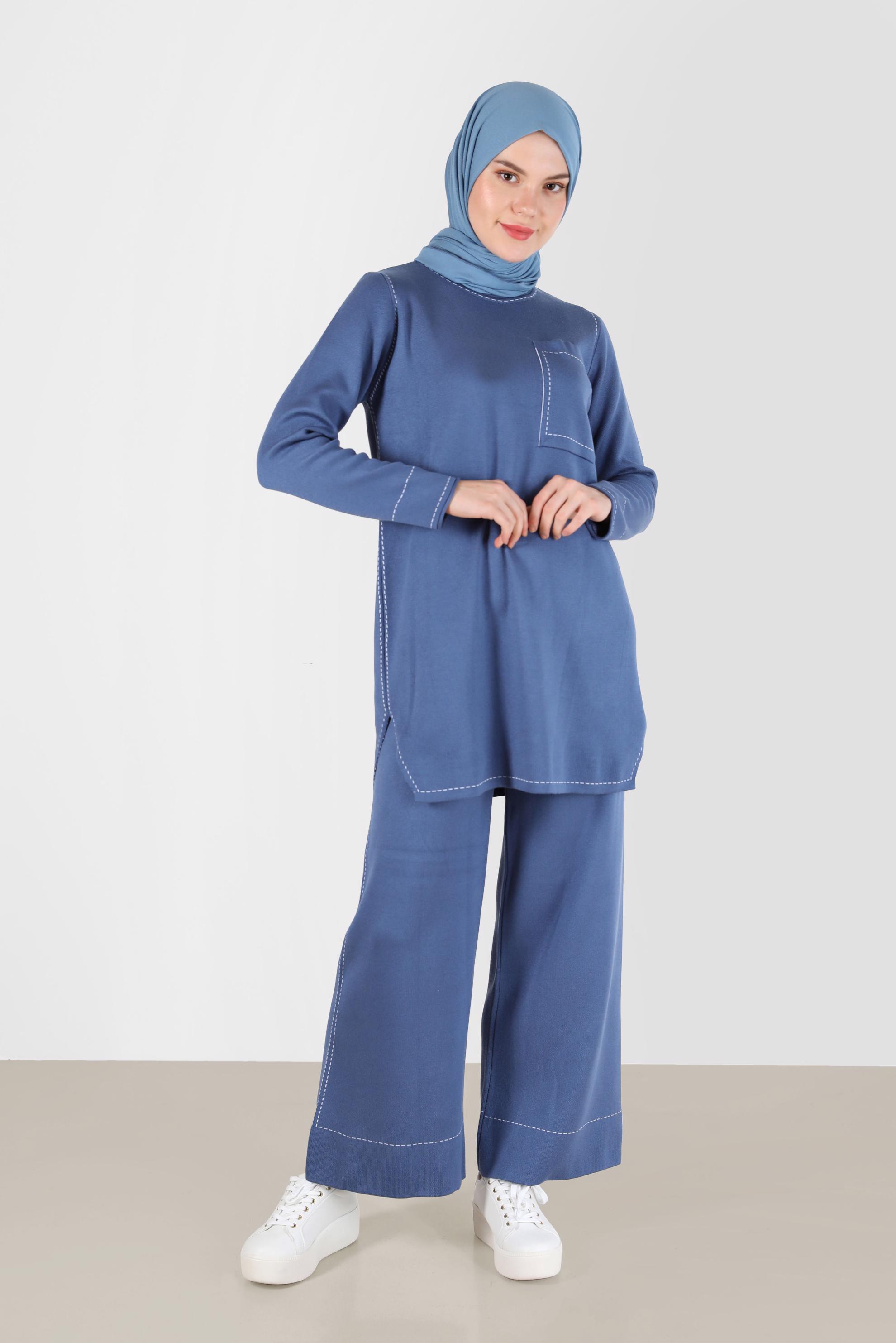 Tesettür giyim LACİVERT DİKİŞ DETAYLI İKİLİ PANT. TRİKO TAKIM 42082 