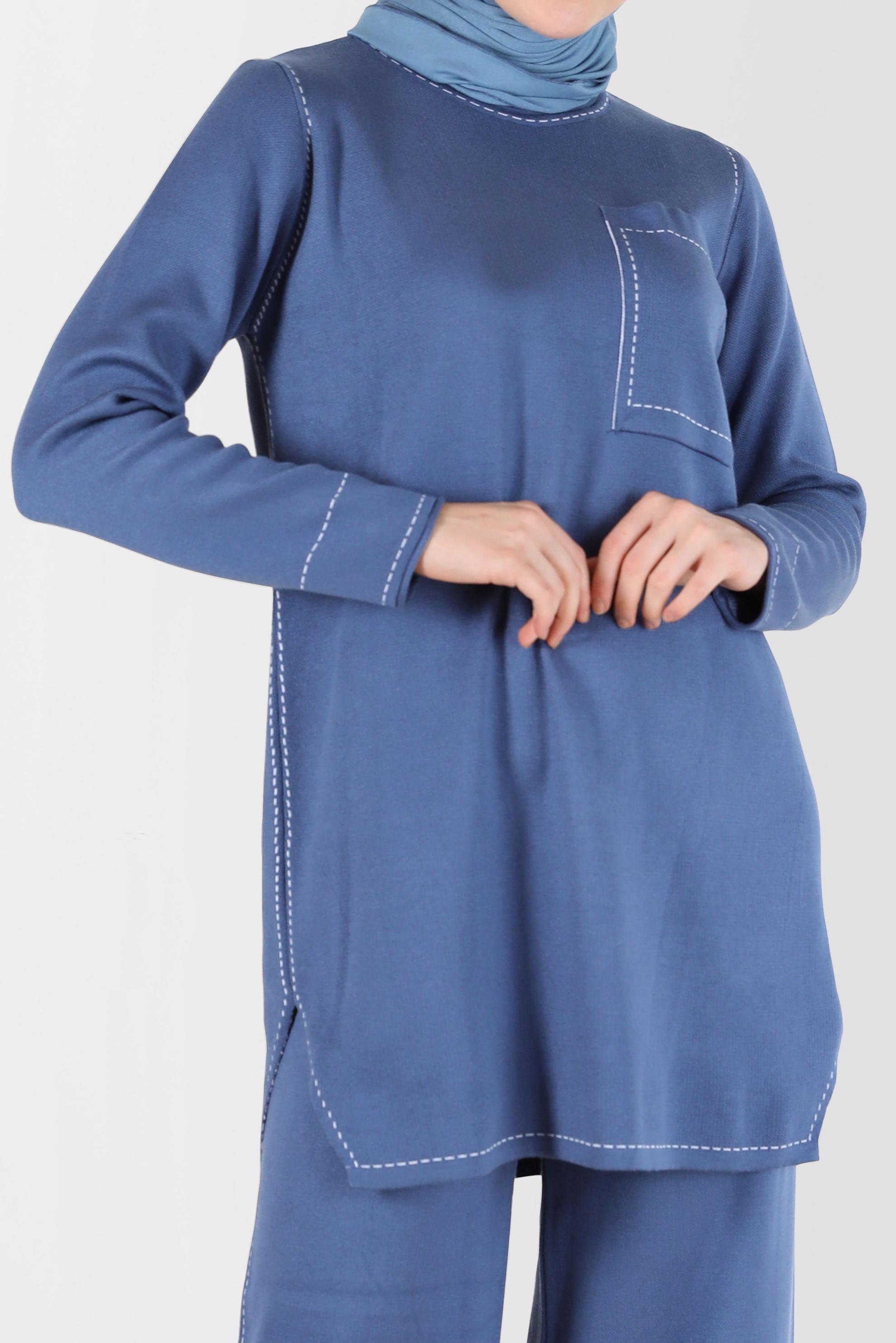 Tesettür giyim LACİVERT DİKİŞ DETAYLI İKİLİ PANT. TRİKO TAKIM 42082 