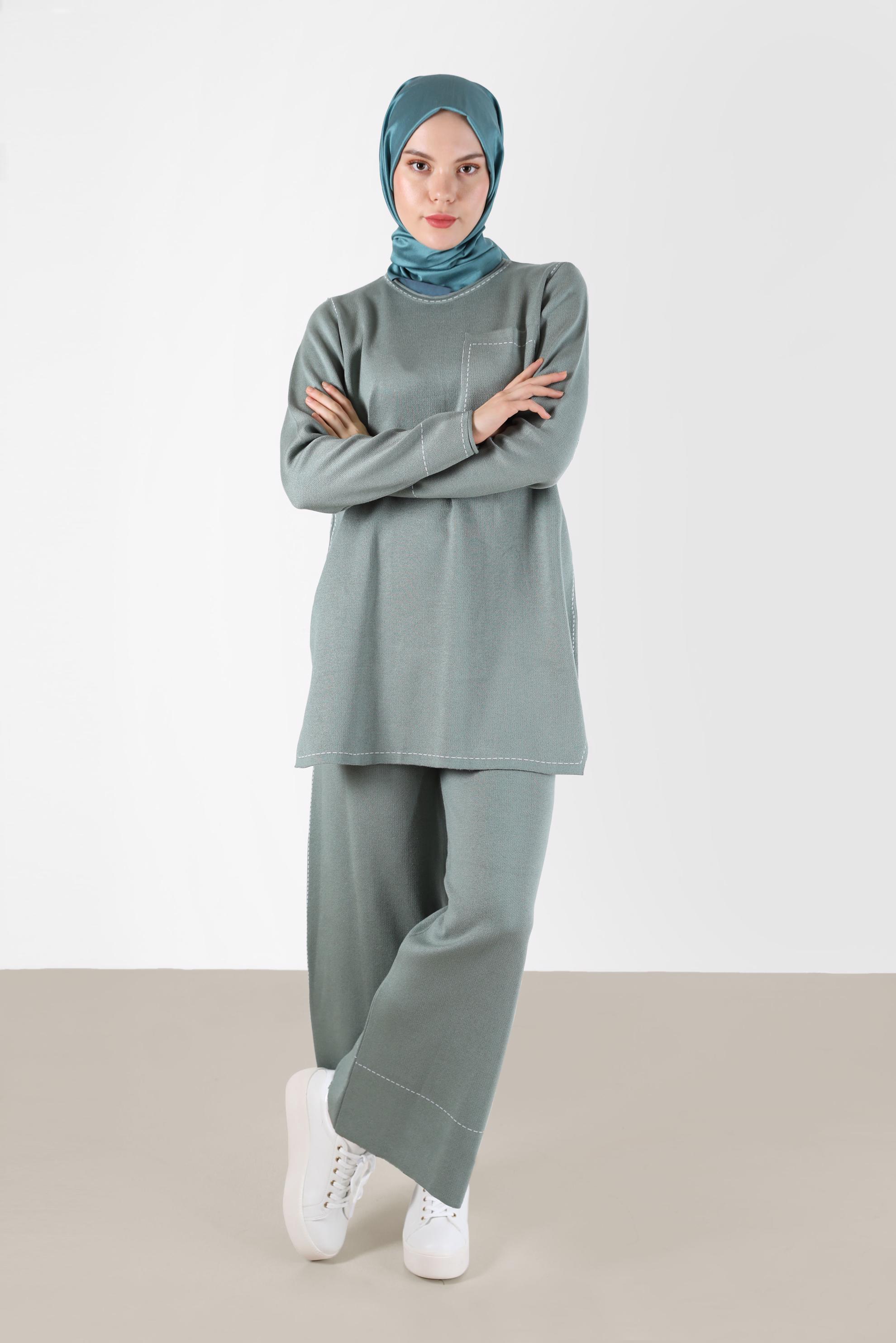 Tesettür giyim YEŞİL DİKİŞ DETAYLI İKİLİ PANT. TRİKO TAKIM 42082 