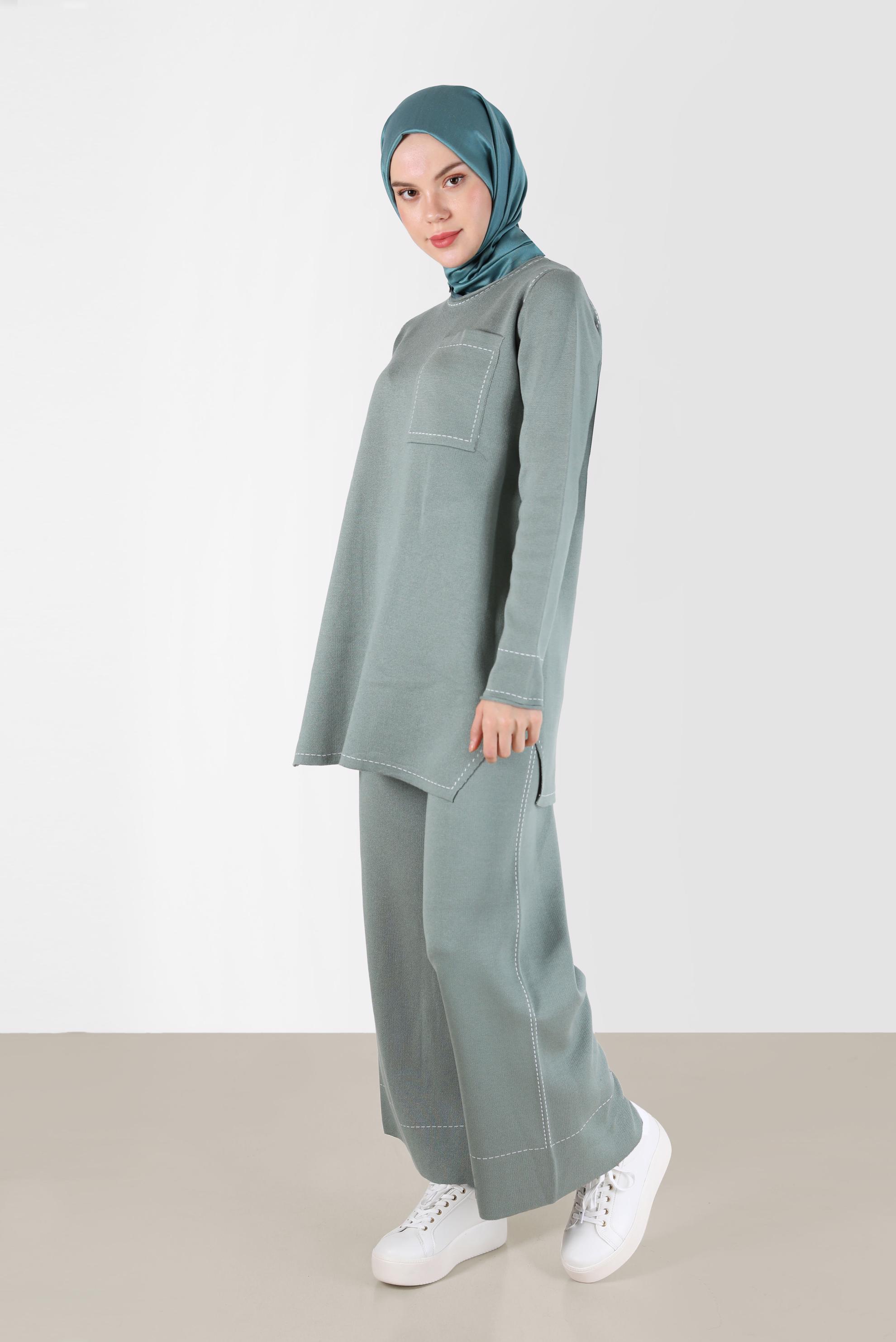 Tesettür giyim YEŞİL DİKİŞ DETAYLI İKİLİ PANT. TRİKO TAKIM 42082 