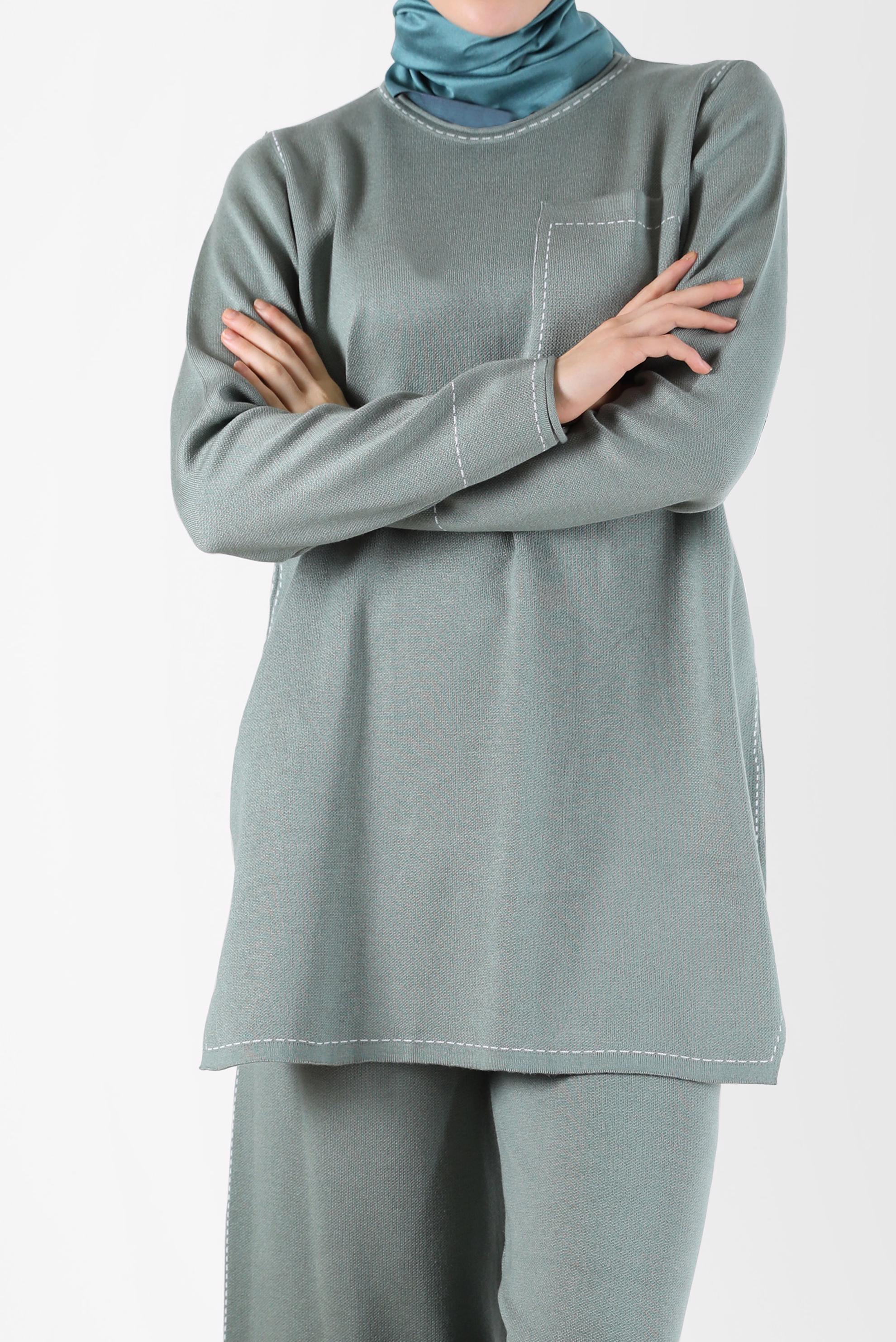 Tesettür giyim YEŞİL DİKİŞ DETAYLI İKİLİ PANT. TRİKO TAKIM 42082 