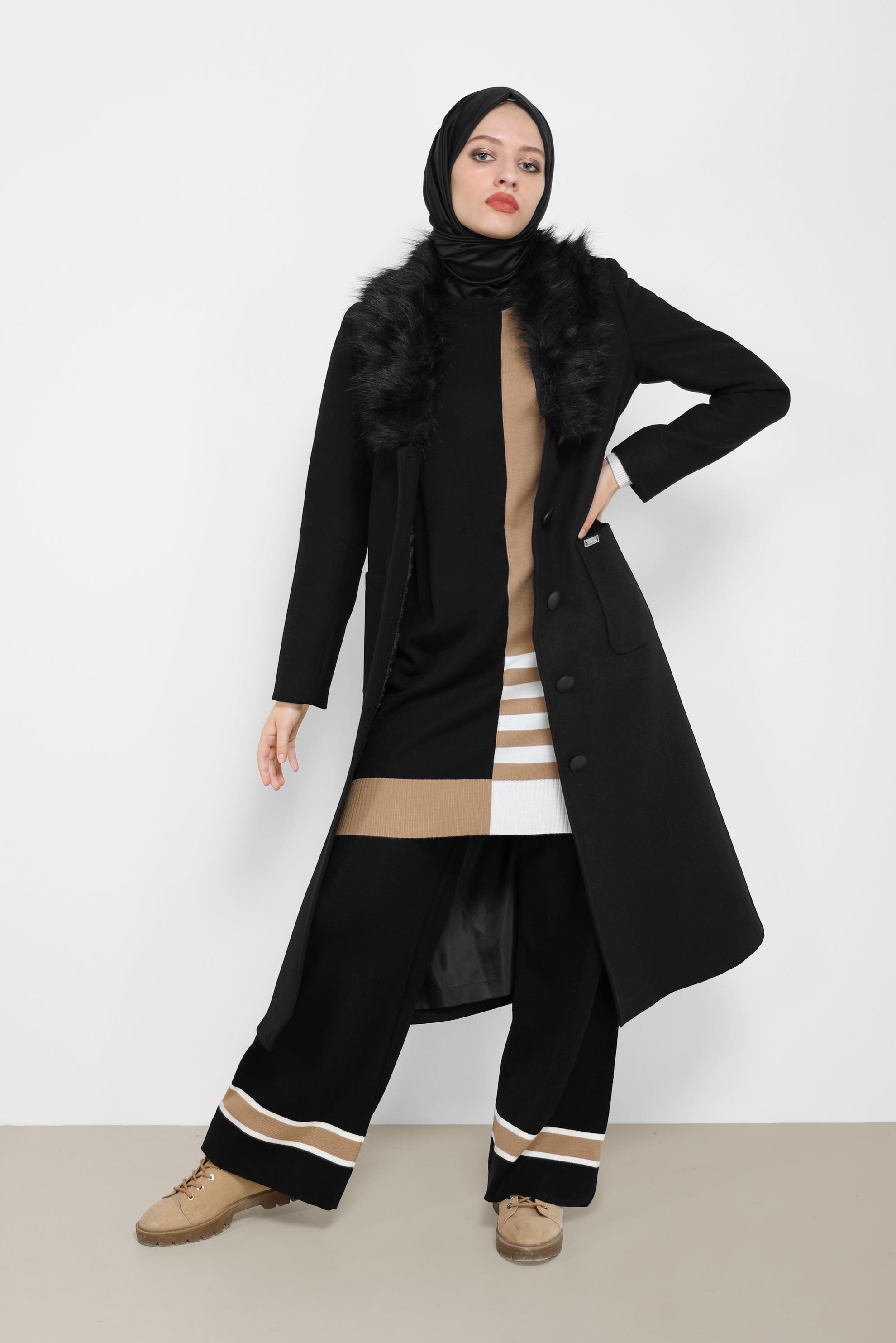 Tesettür giyim SİYAH ÜÇ RENKLİ ŞERİT DETAYLI PANT.TRİKO TAKIM 42117 