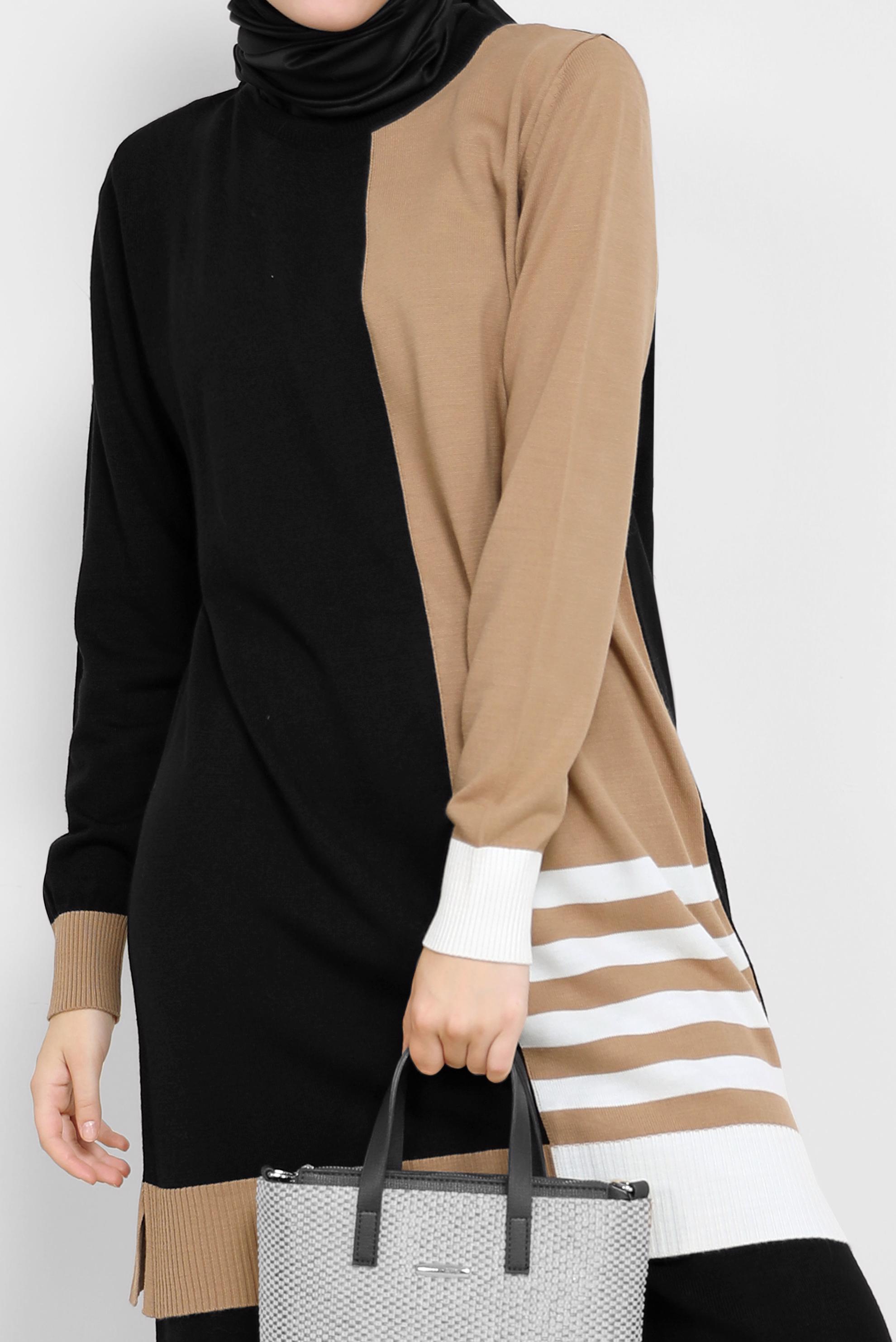 Tesettür giyim SİYAH ÜÇ RENKLİ ŞERİT DETAYLI PANT.TRİKO TAKIM 42117 