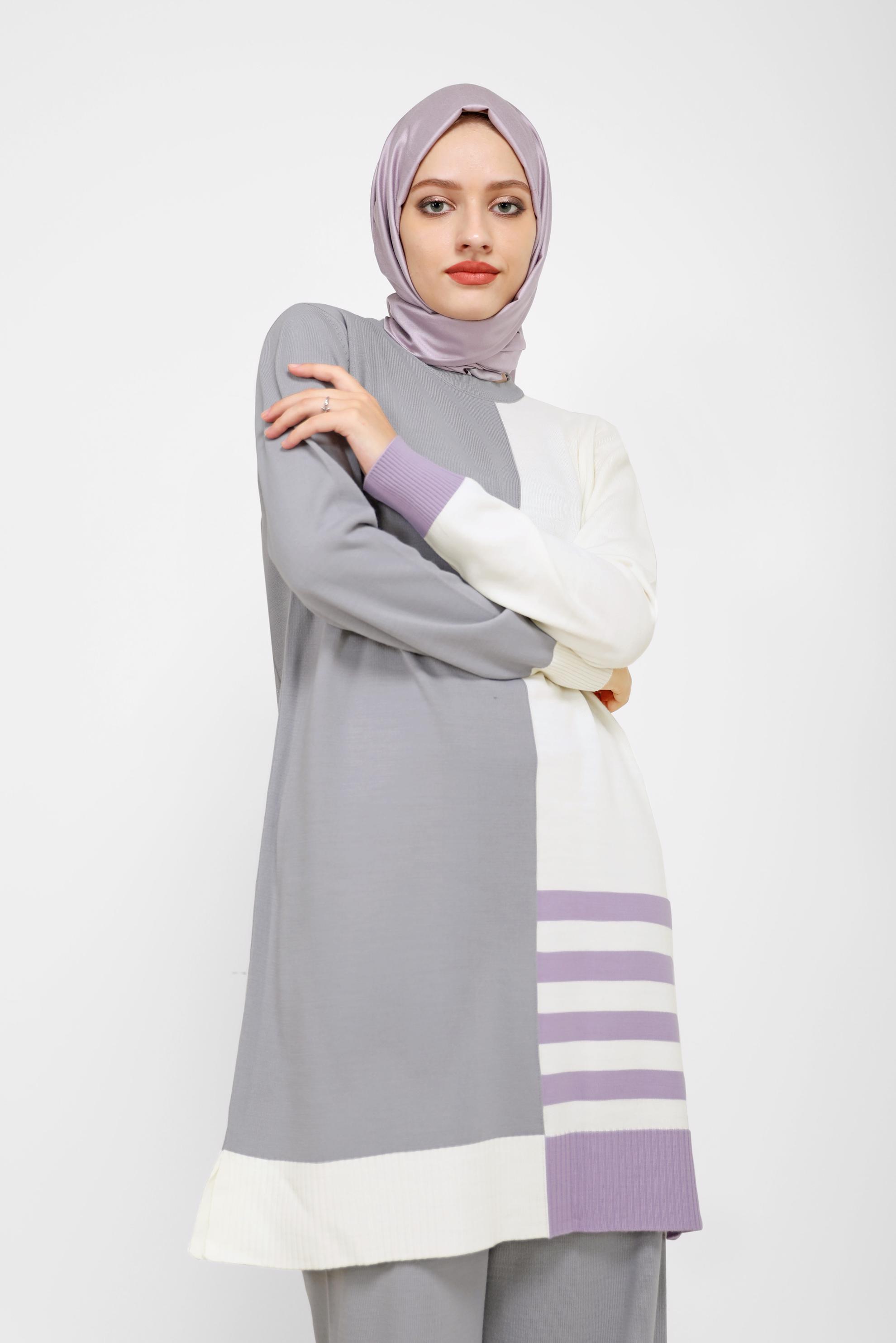Tesettür giyim GRİ ÜÇ RENKLİ ŞERİT DETAYLI PANT.TRİKO TAKIM 42117 