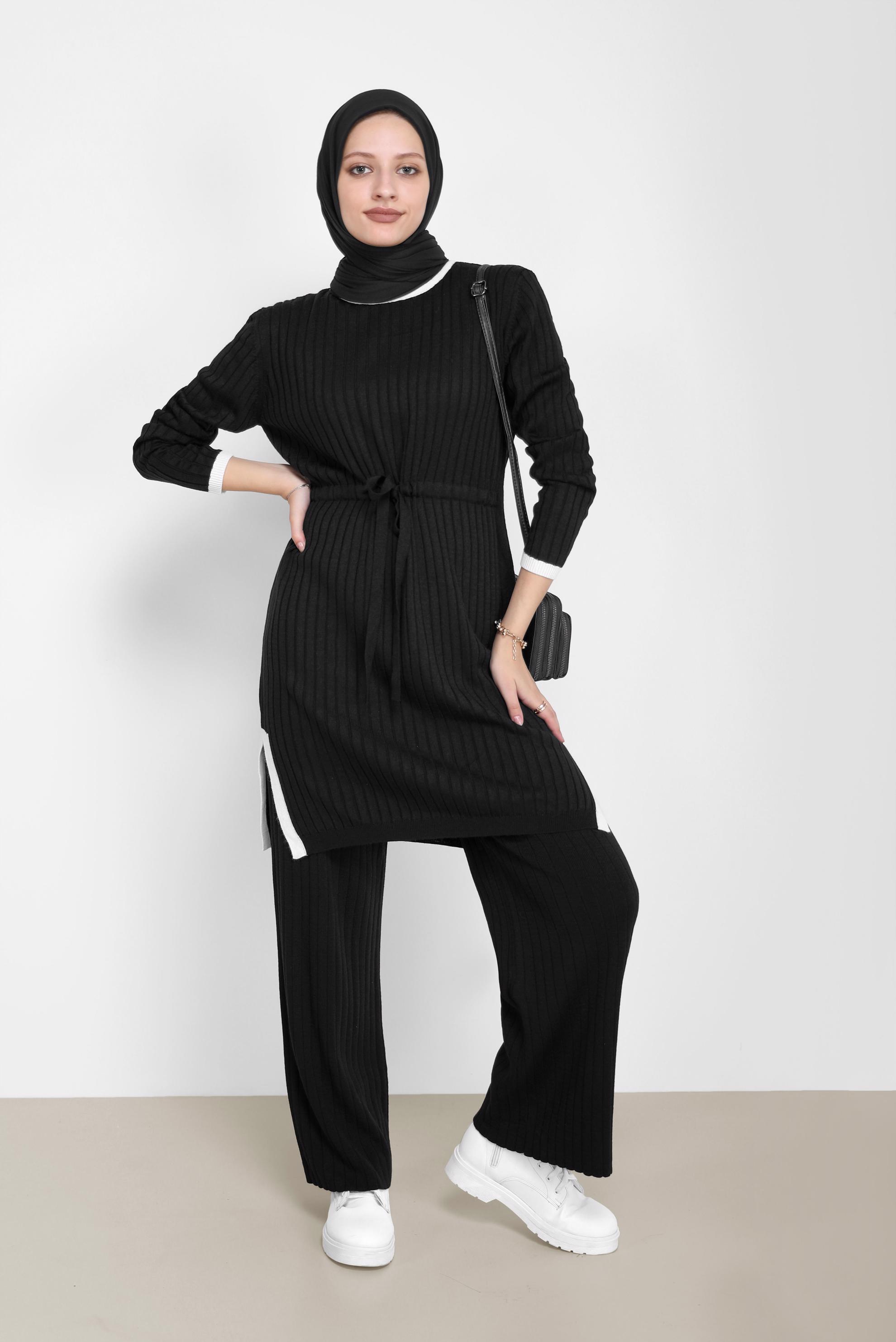 Tesettür giyim SİYAH BELDEN BAĞLAMALI İKİLİ PANT.TRİKO TAKIM 42123 