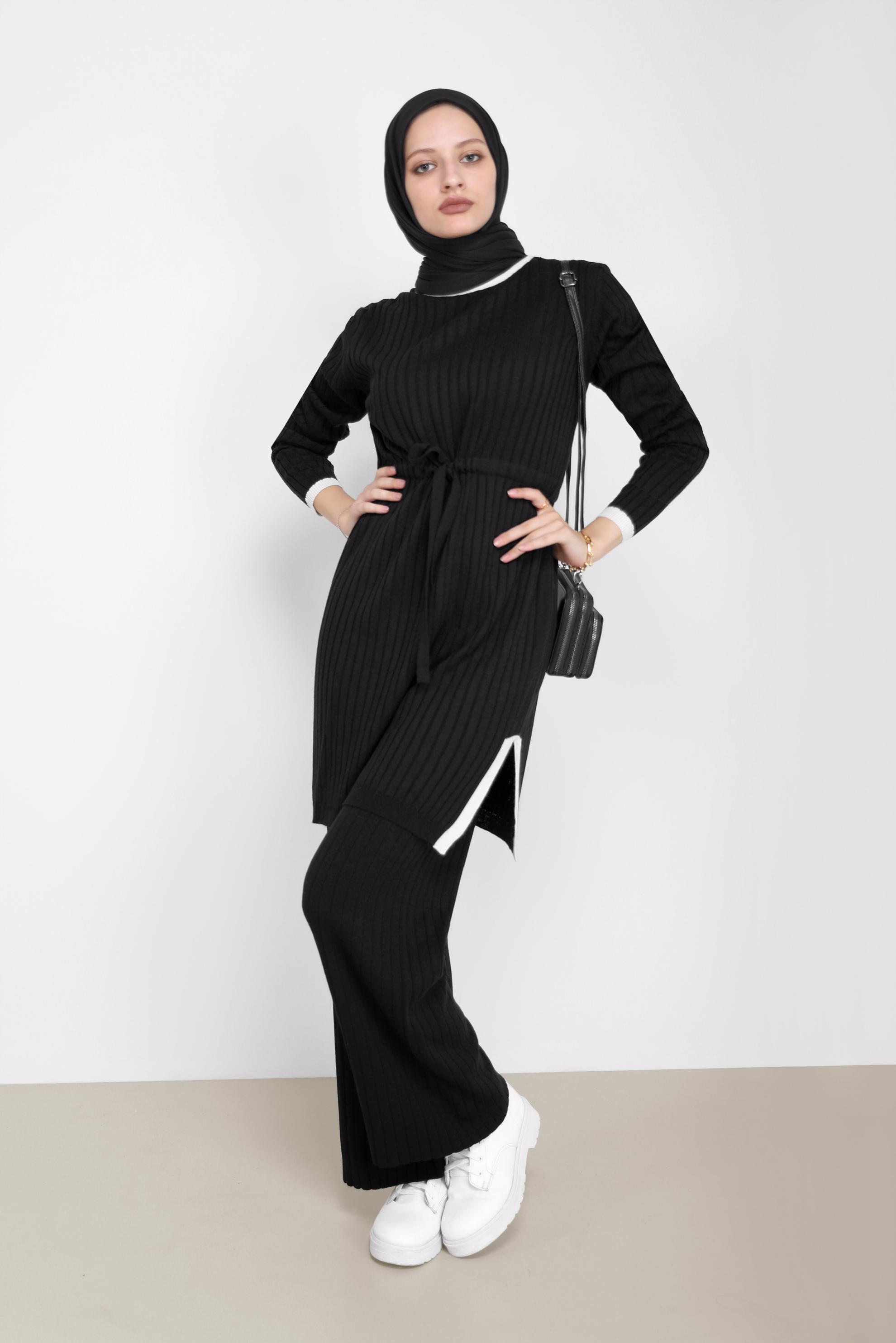 Tesettür giyim SİYAH BELDEN BAĞLAMALI İKİLİ PANT.TRİKO TAKIM 42123 