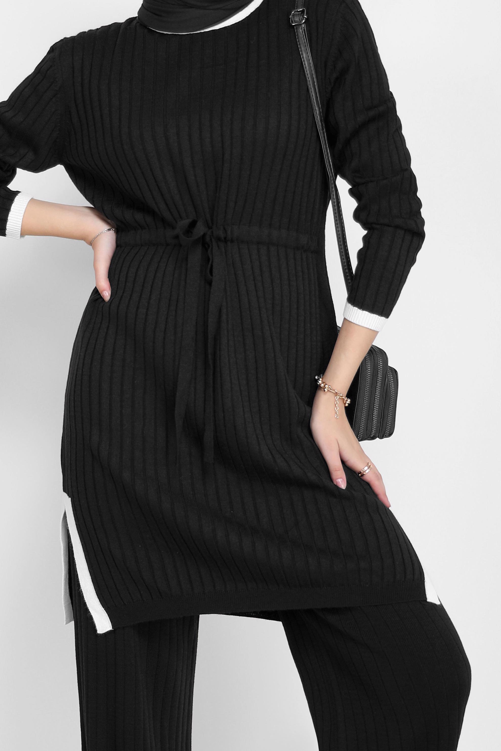 Tesettür giyim SİYAH BELDEN BAĞLAMALI İKİLİ PANT.TRİKO TAKIM 42123 