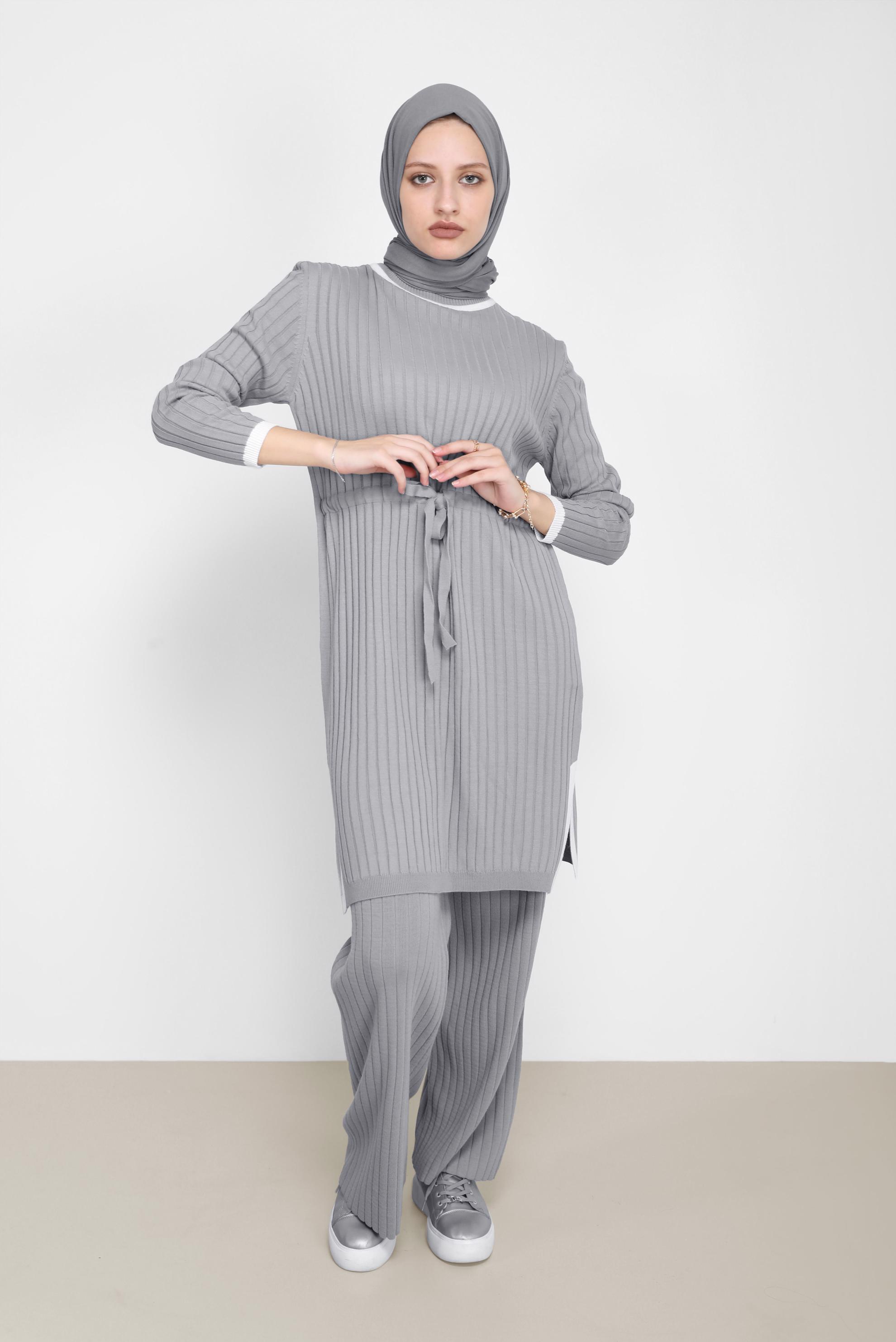 Tesettür giyim GRİ BELDEN BAĞLAMALI İKİLİ PANT.TRİKO TAKIM 42123 