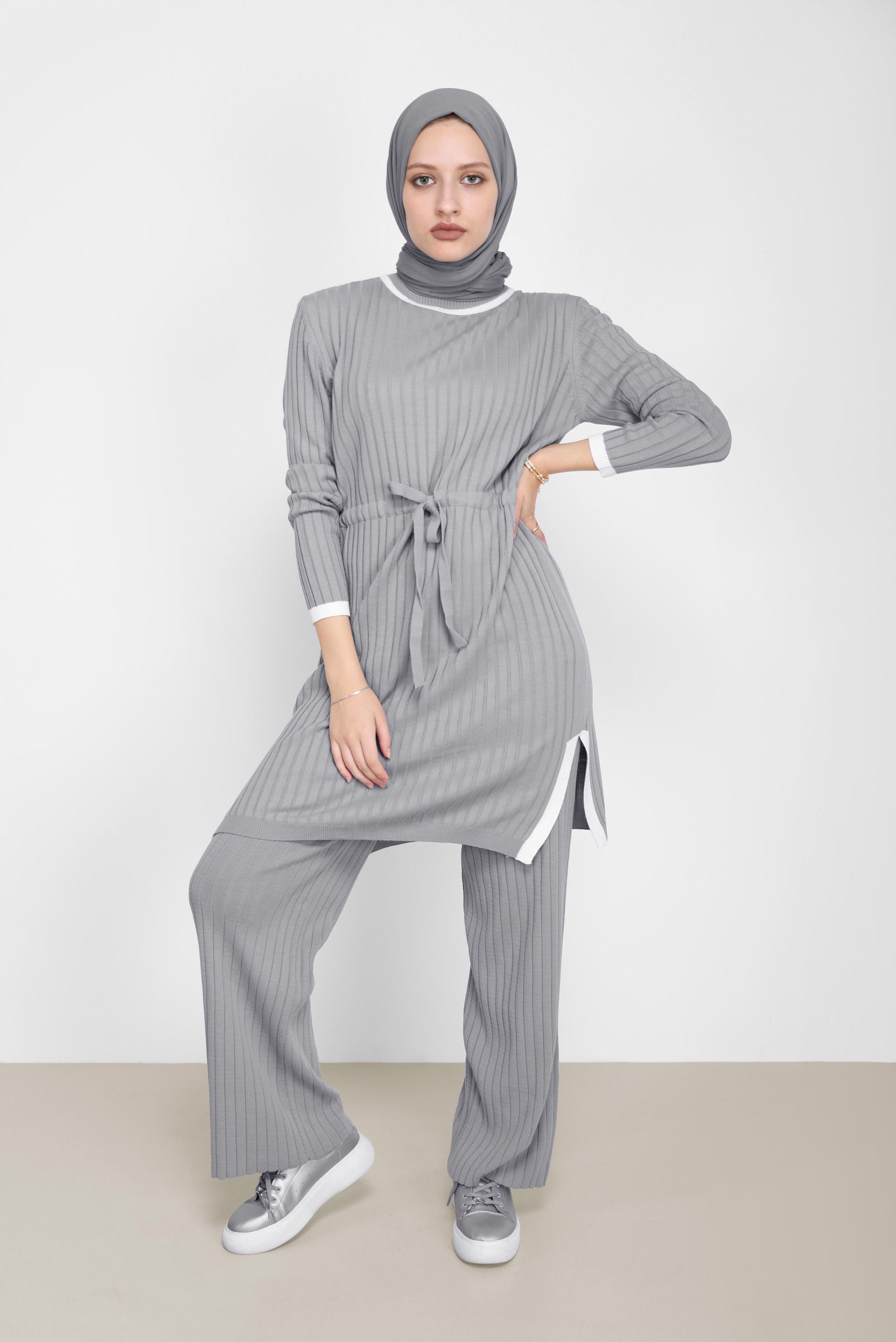Tesettür giyim GRİ BELDEN BAĞLAMALI İKİLİ PANT.TRİKO TAKIM 42123 
