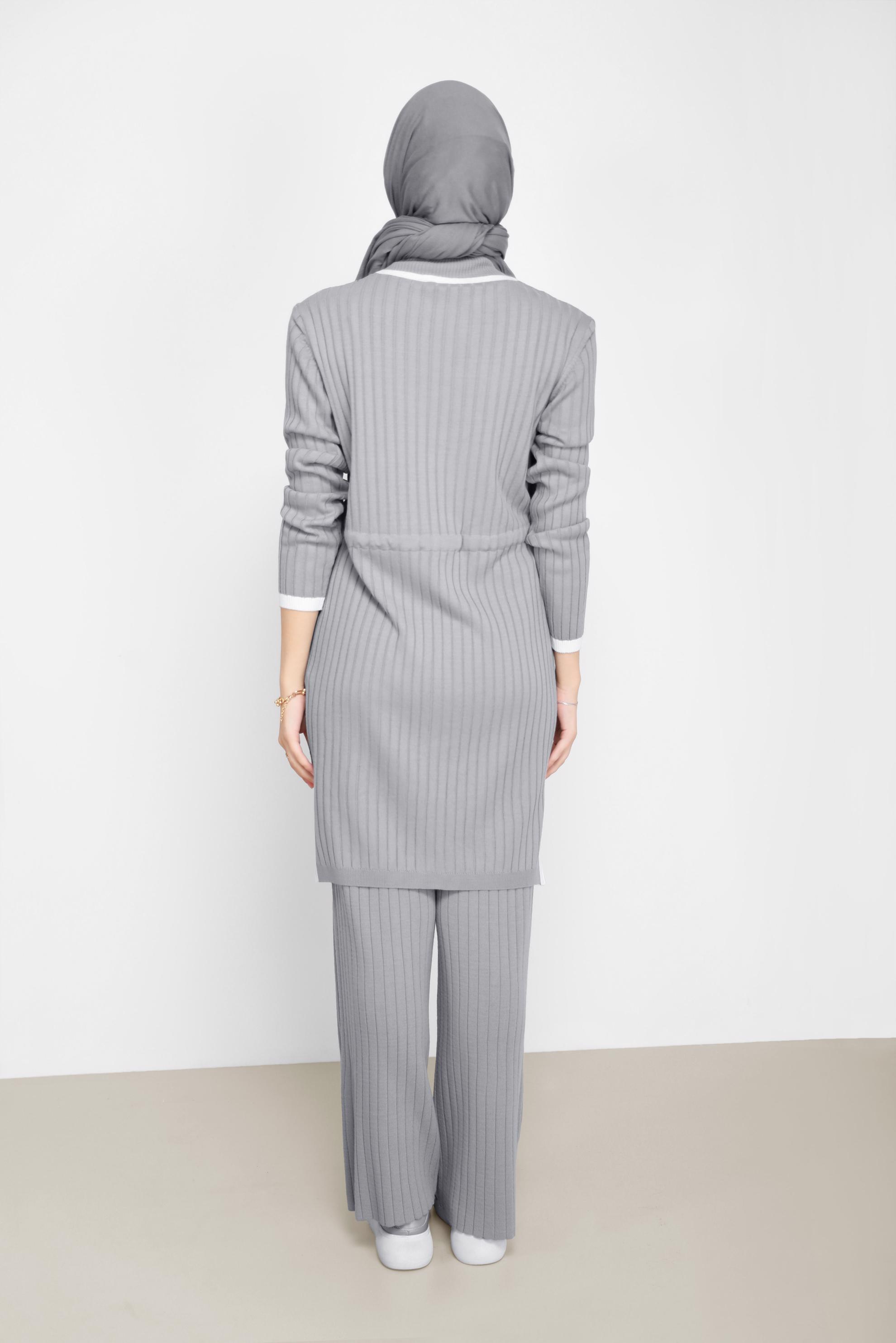 Tesettür giyim GRİ BELDEN BAĞLAMALI İKİLİ PANT.TRİKO TAKIM 42123 