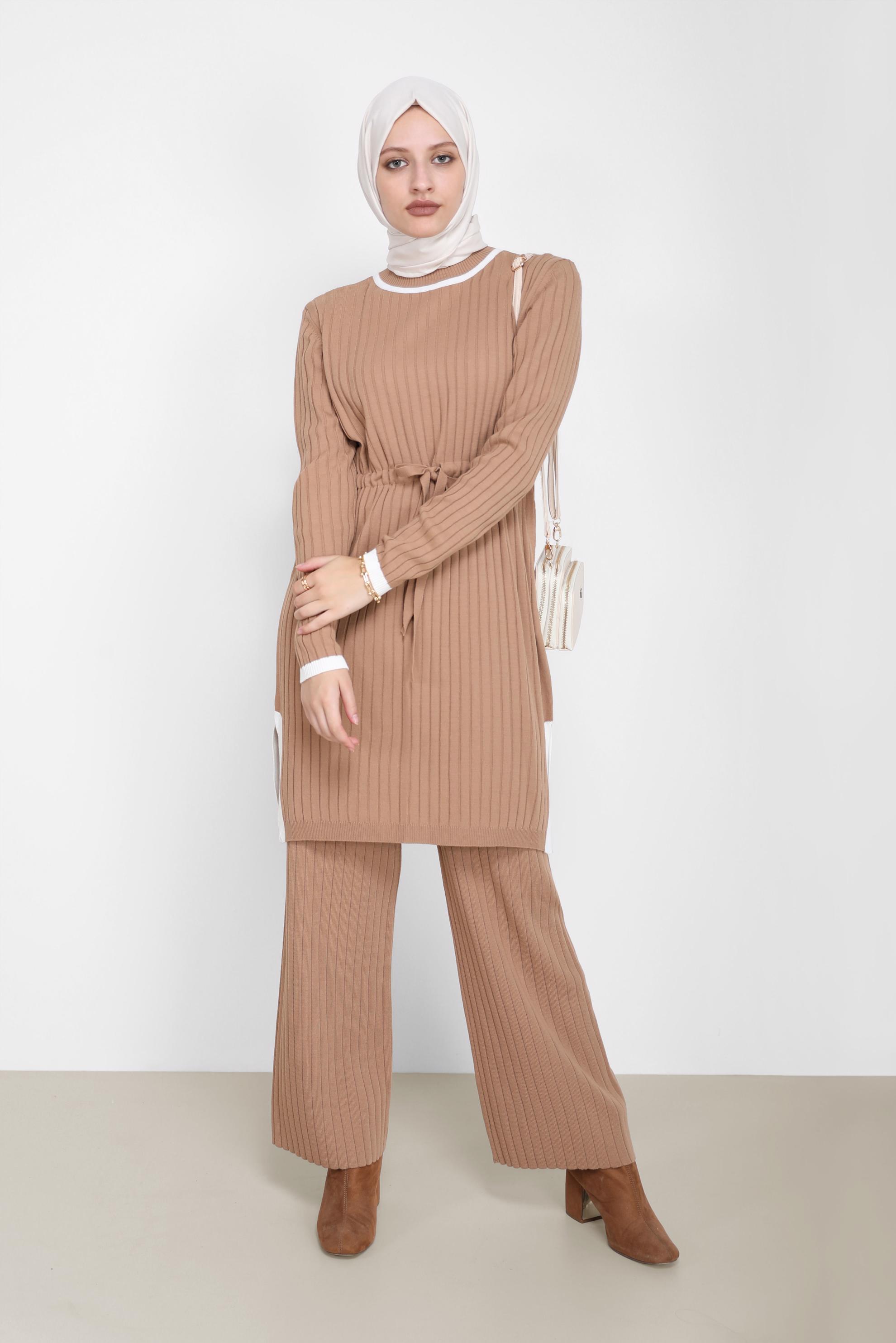 Tesettür giyim KAHVE BELDEN BAĞLAMALI İKİLİ PANT.TRİKO TAKIM 42123 