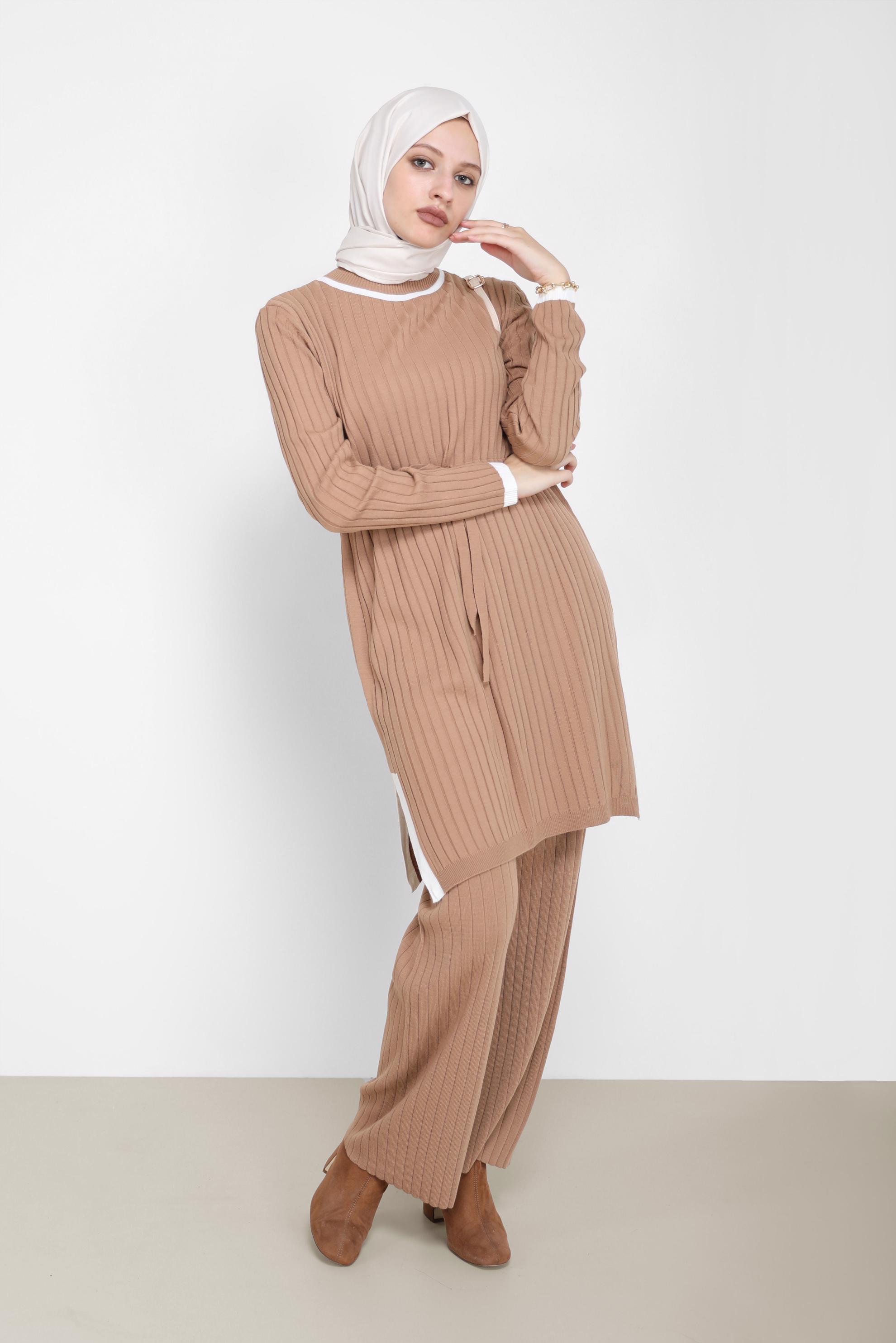 Tesettür giyim KAHVE BELDEN BAĞLAMALI İKİLİ PANT.TRİKO TAKIM 42123 