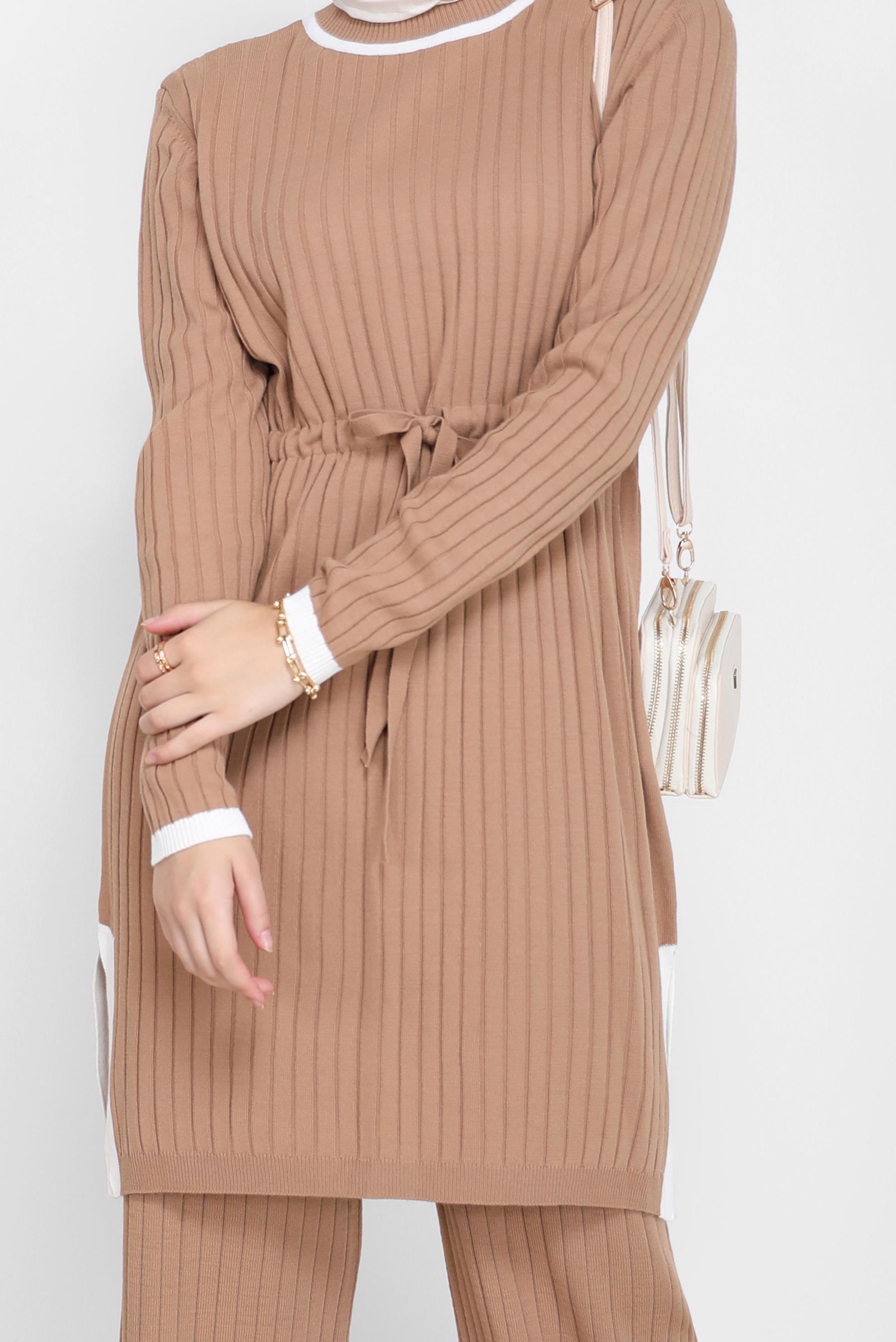 Tesettür giyim KAHVE BELDEN BAĞLAMALI İKİLİ PANT.TRİKO TAKIM 42123 