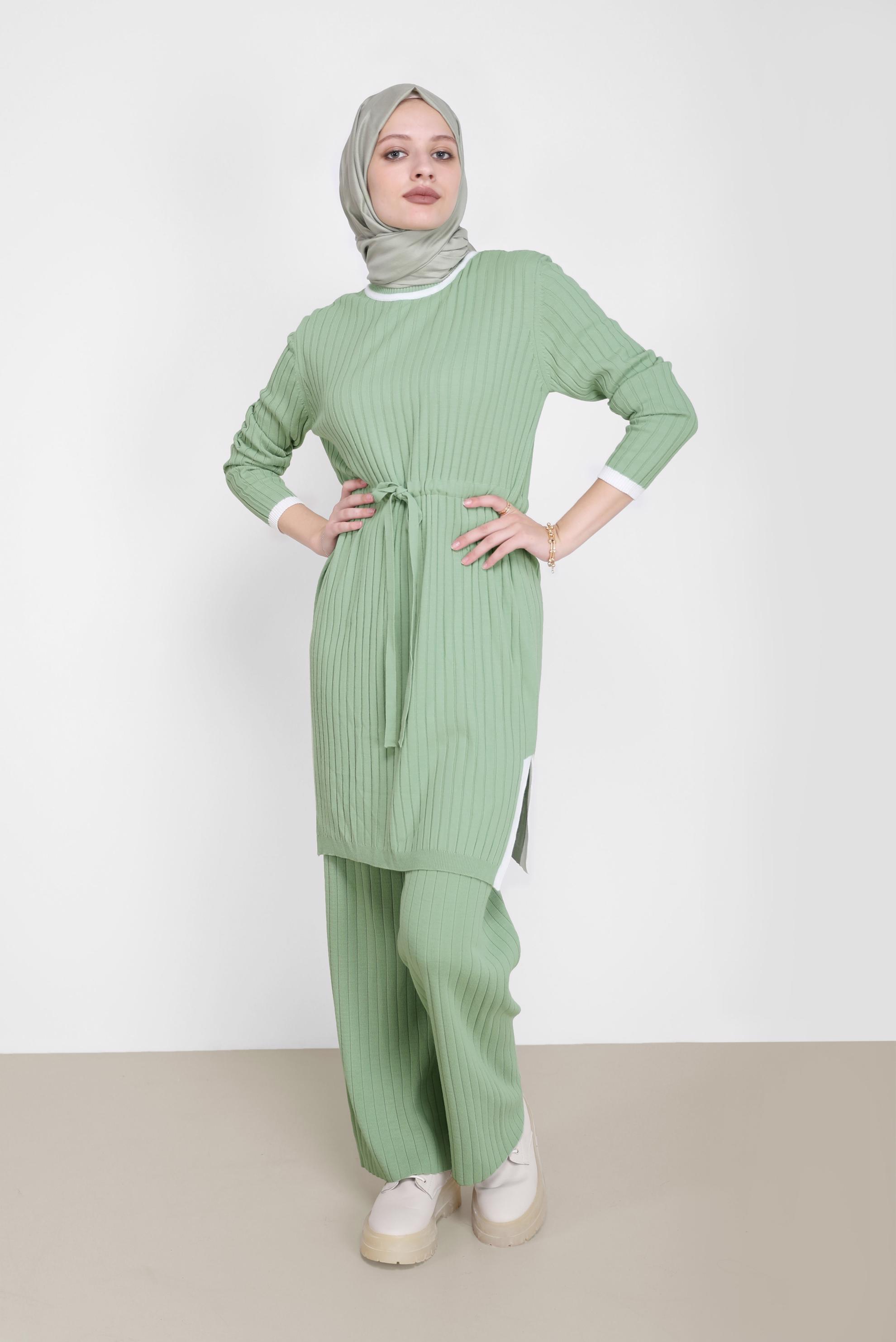 Tesettür giyim YEŞİL BELDEN BAĞLAMALI İKİLİ PANT.TRİKO TAKIM 42123 