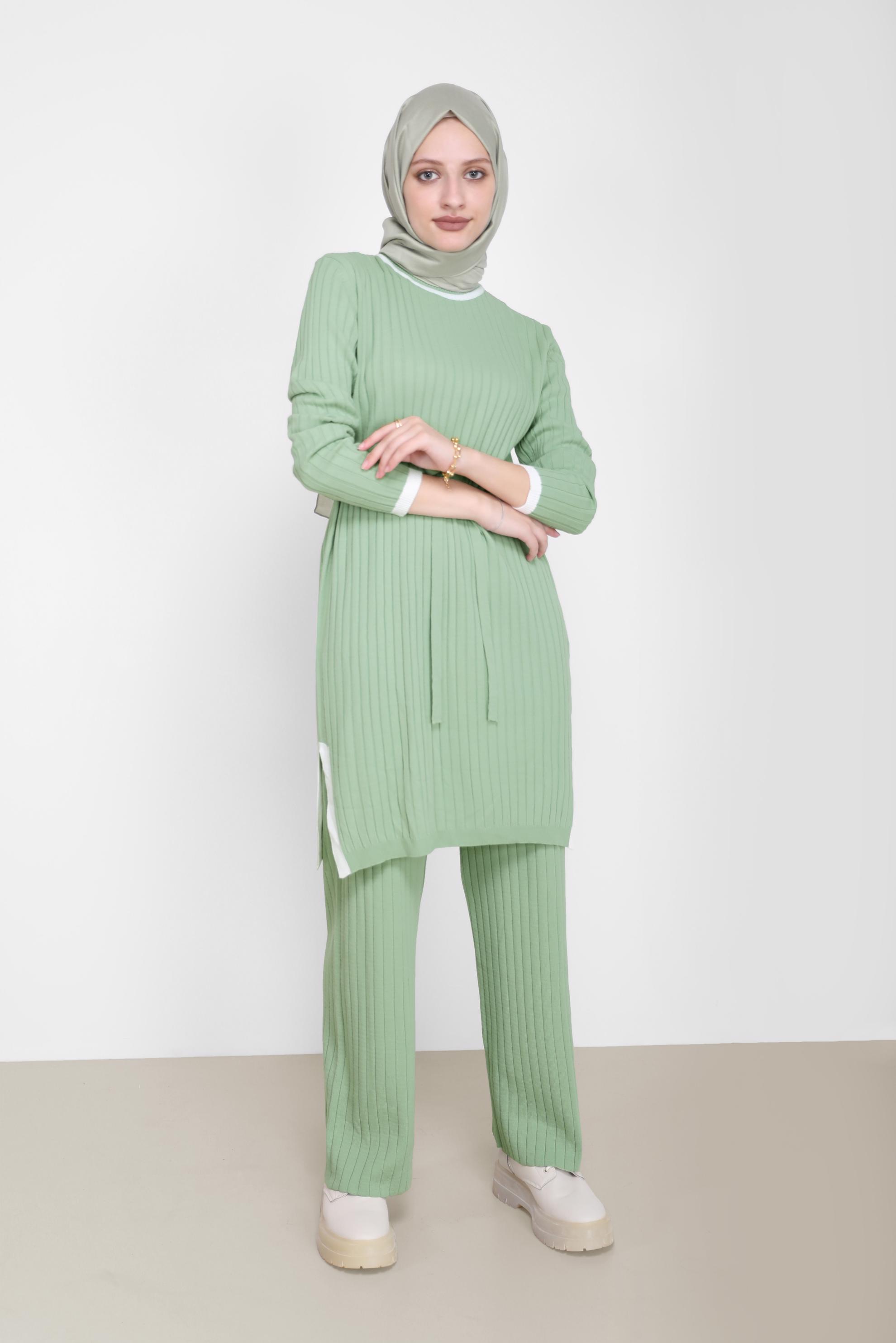 Tesettür giyim YEŞİL BELDEN BAĞLAMALI İKİLİ PANT.TRİKO TAKIM 42123 