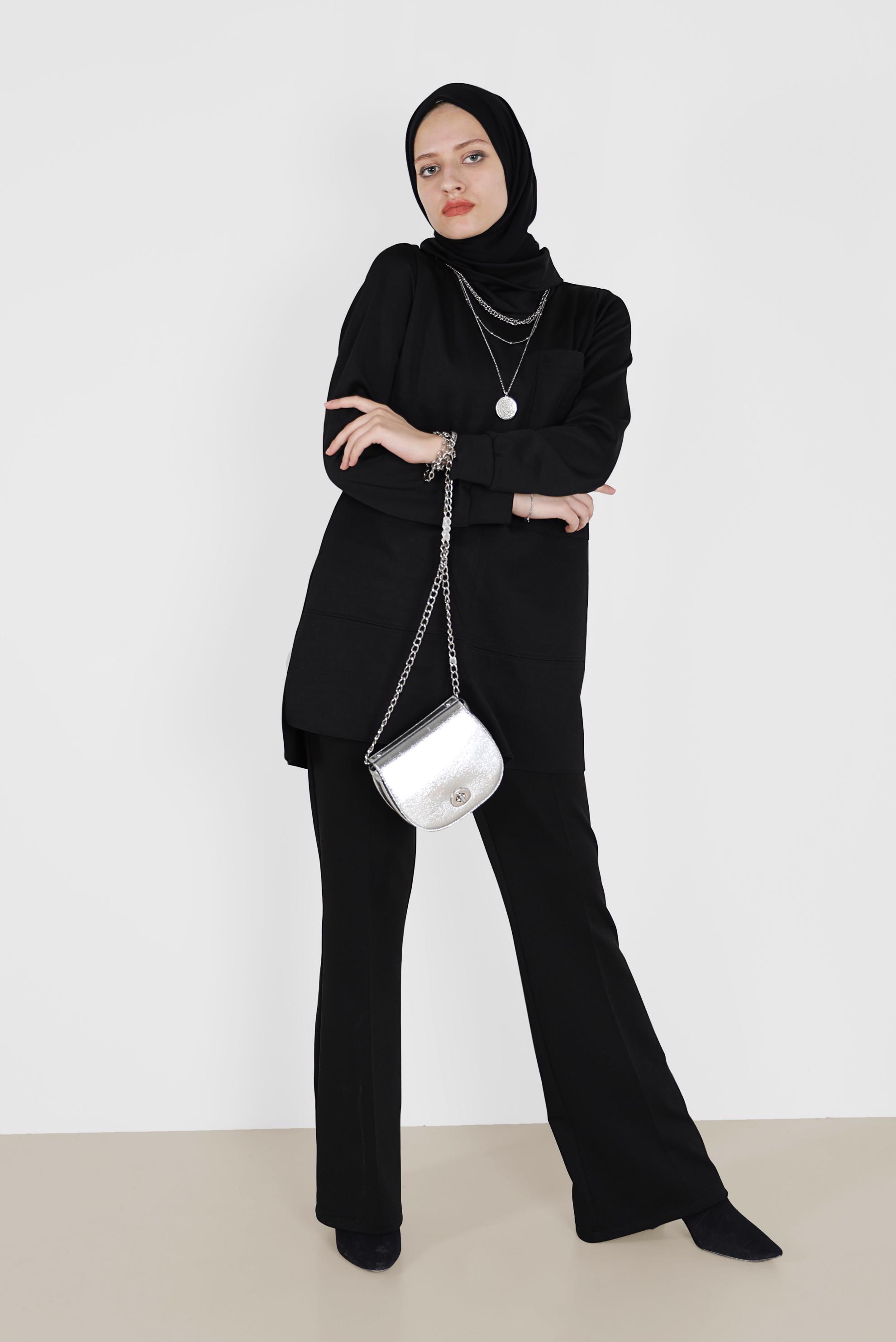 Tesettür giyim SİYAH CEP DETAYLI BASIC İKİLİ PANT.TAKIM 42160 