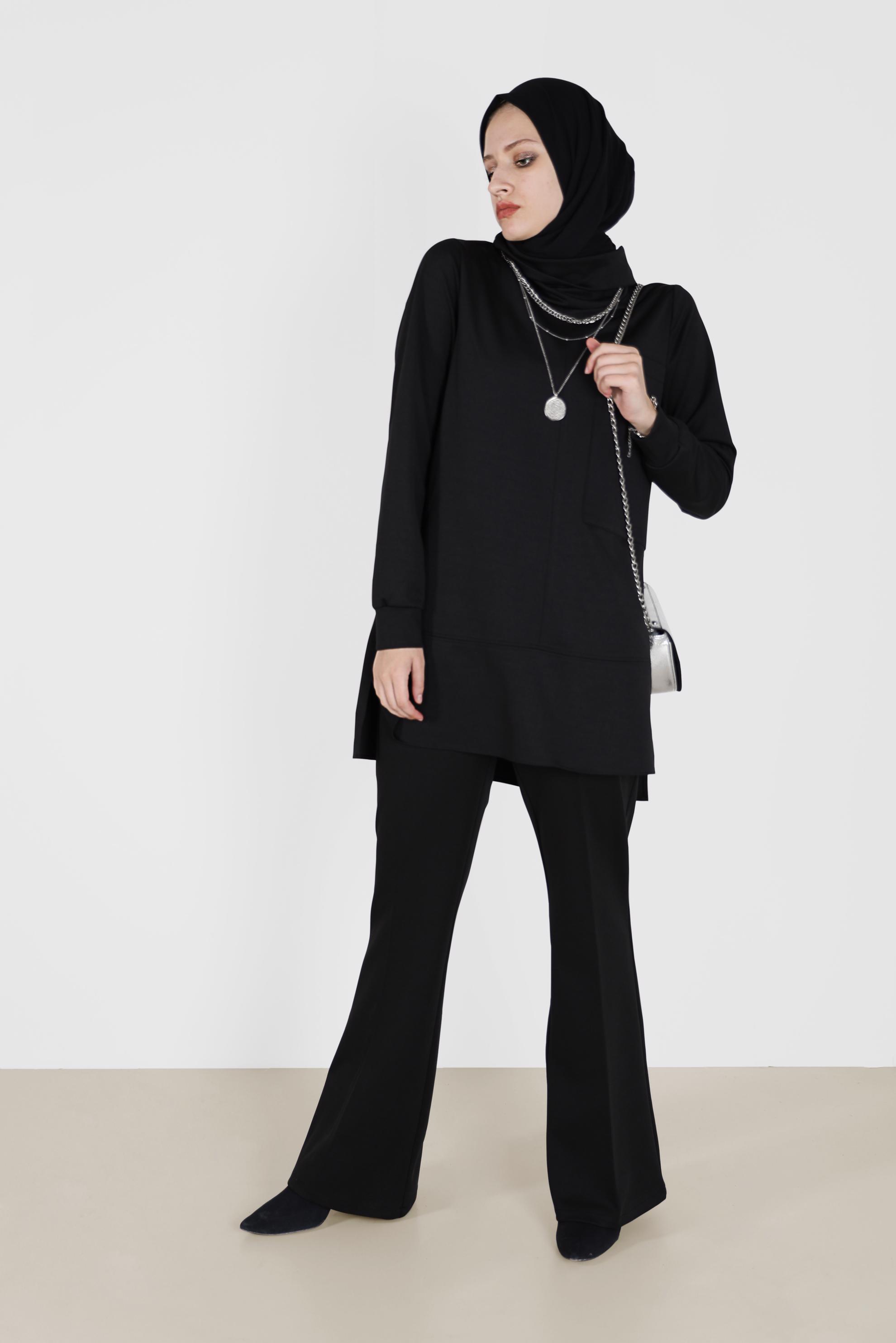Tesettür giyim SİYAH CEP DETAYLI BASIC İKİLİ PANT.TAKIM 42160 