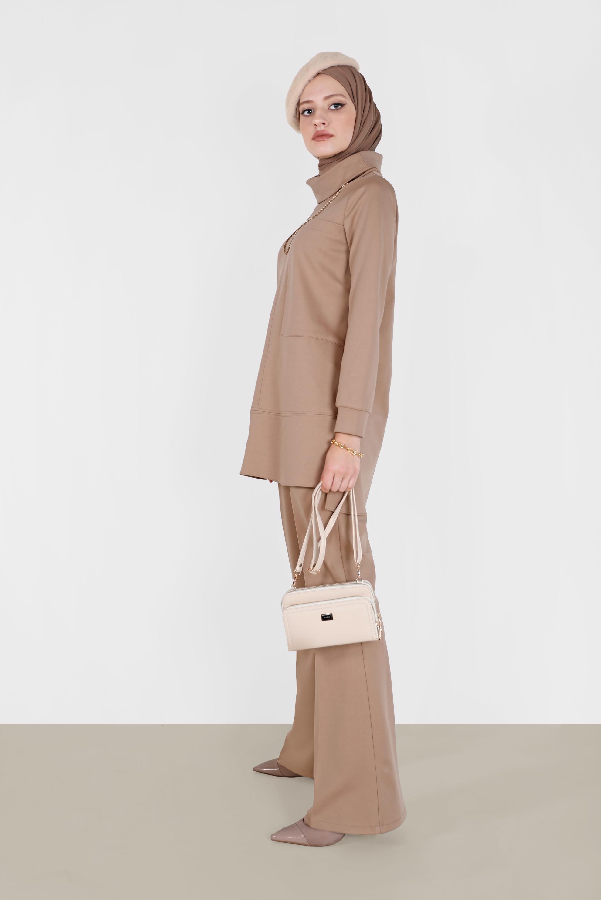 Tesettür giyim BEJ CEP DETAYLI BASIC İKİLİ PANT.TAKIM 42160 
