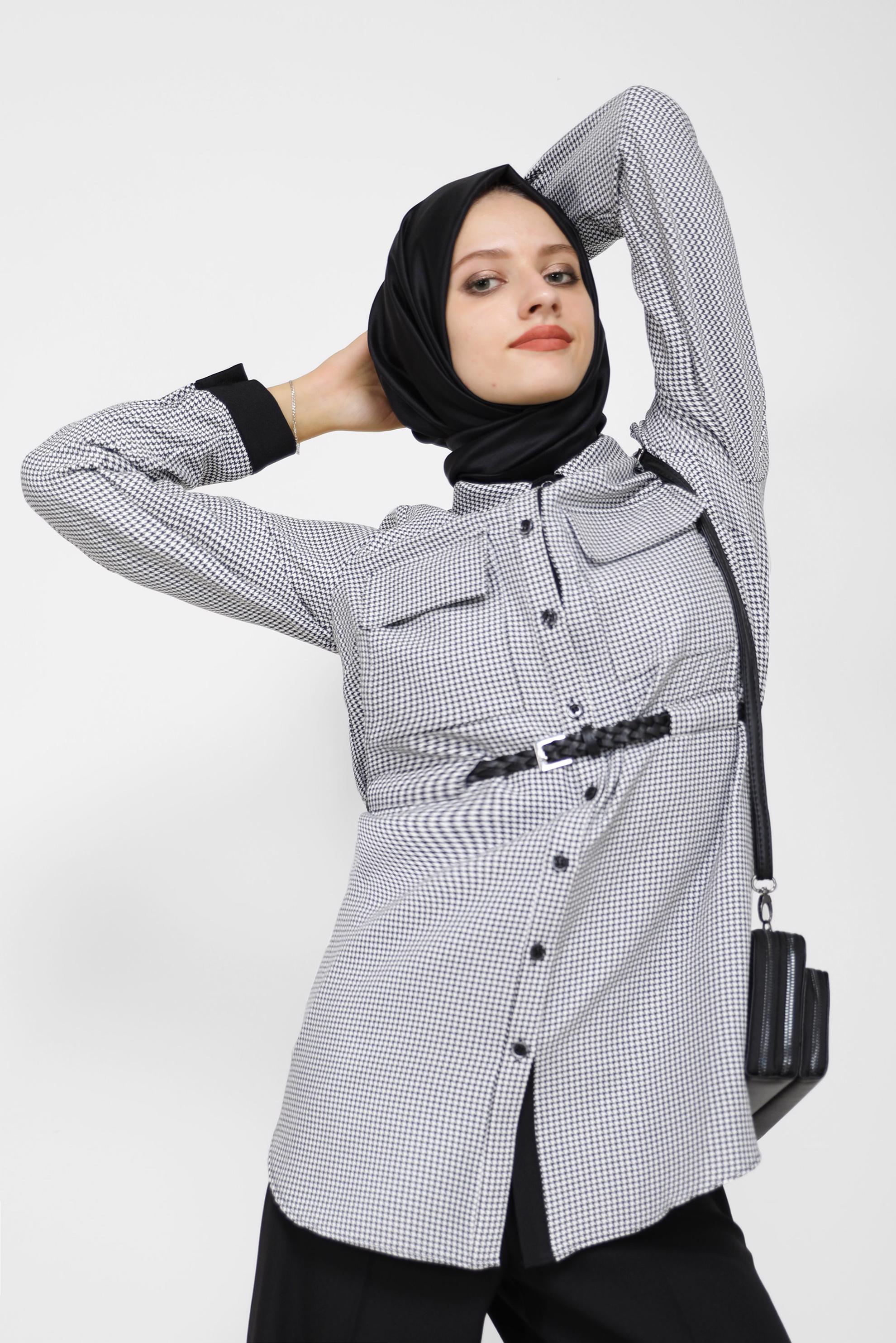 Tesettür giyim SİYAH EKOSE DESEN DETAYLI KEMERLİ PANT. TAKIM 42161 