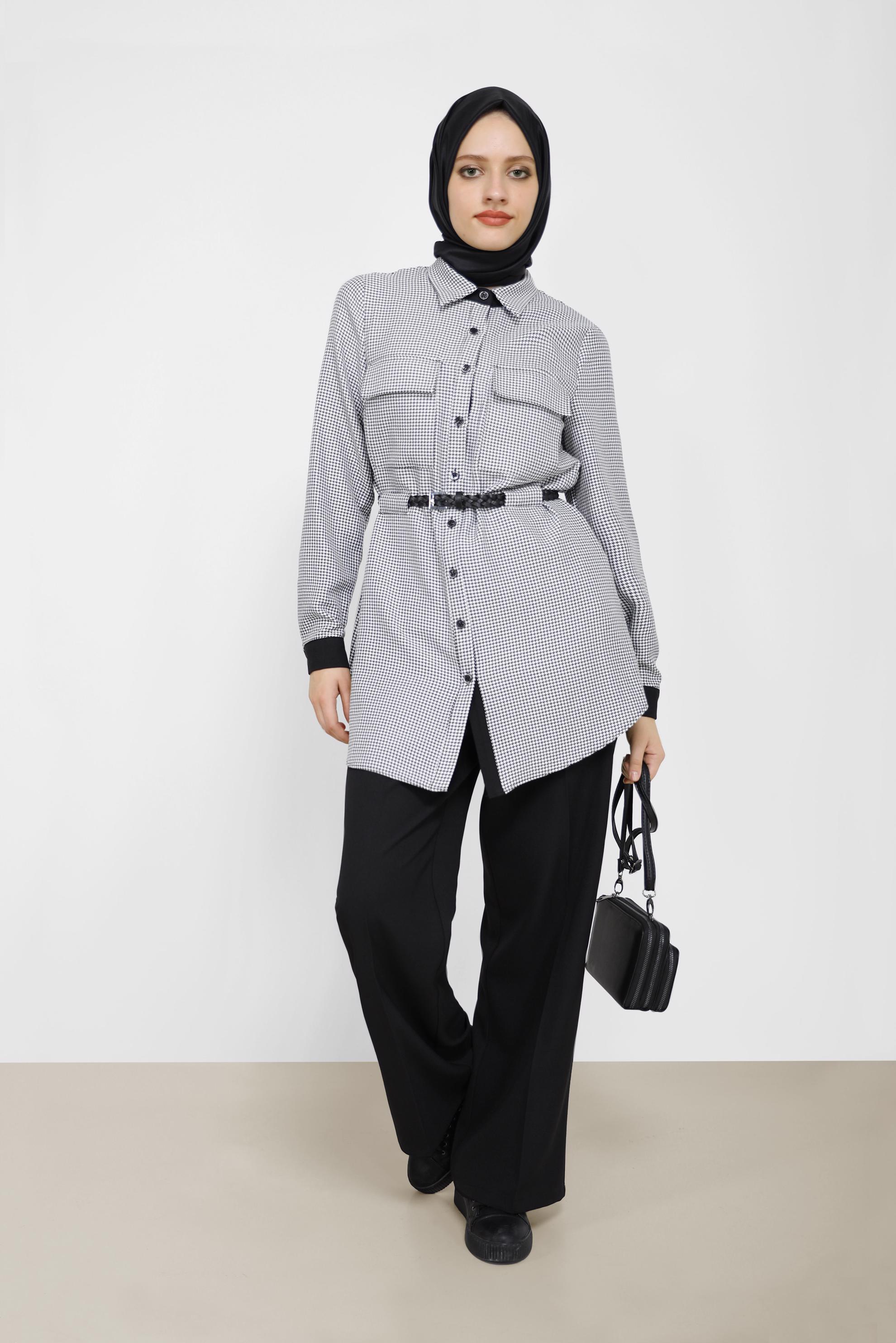 Tesettür giyim SİYAH EKOSE DESEN DETAYLI KEMERLİ PANT. TAKIM 42161 