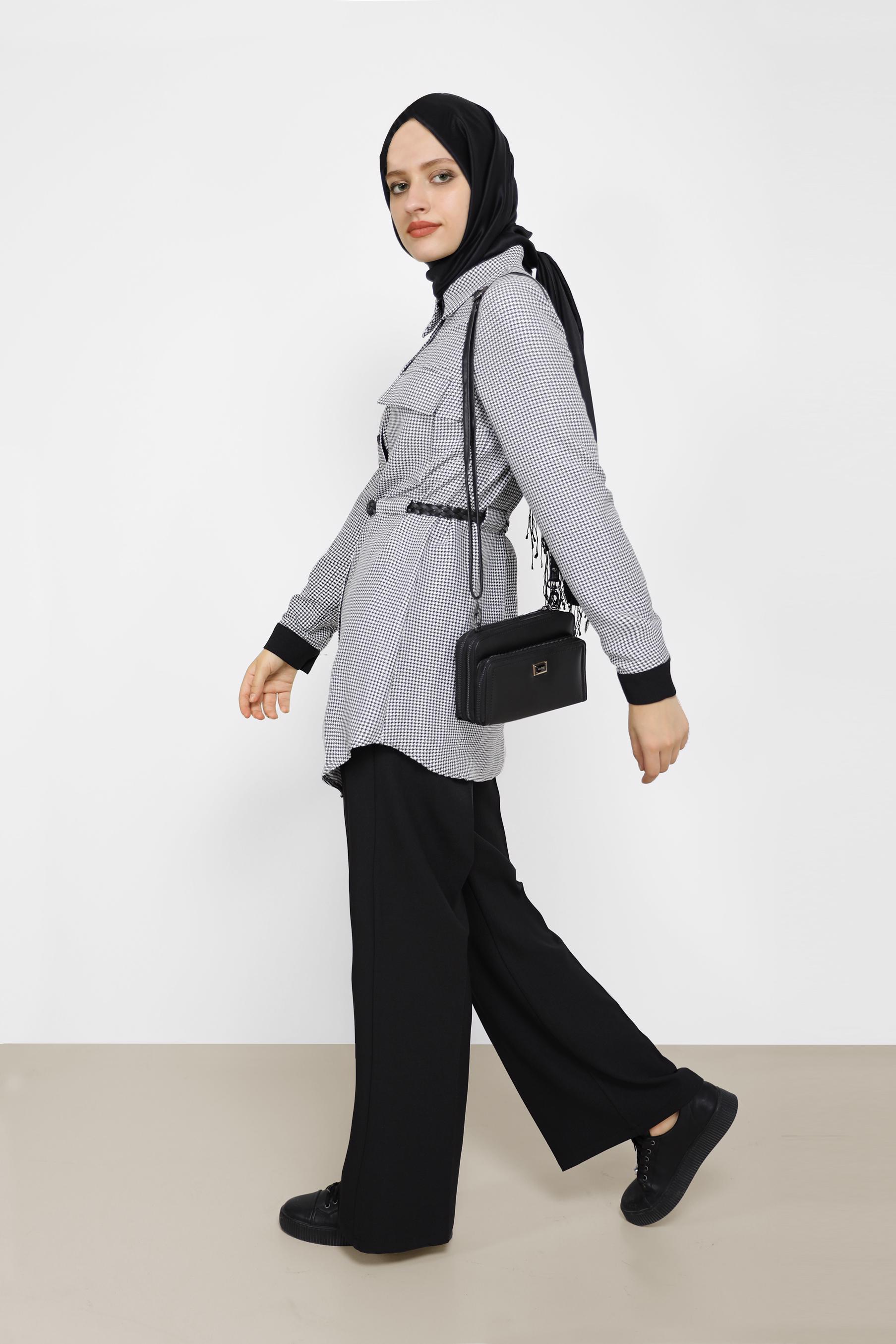 Tesettür giyim SİYAH EKOSE DESEN DETAYLI KEMERLİ PANT. TAKIM 42161 